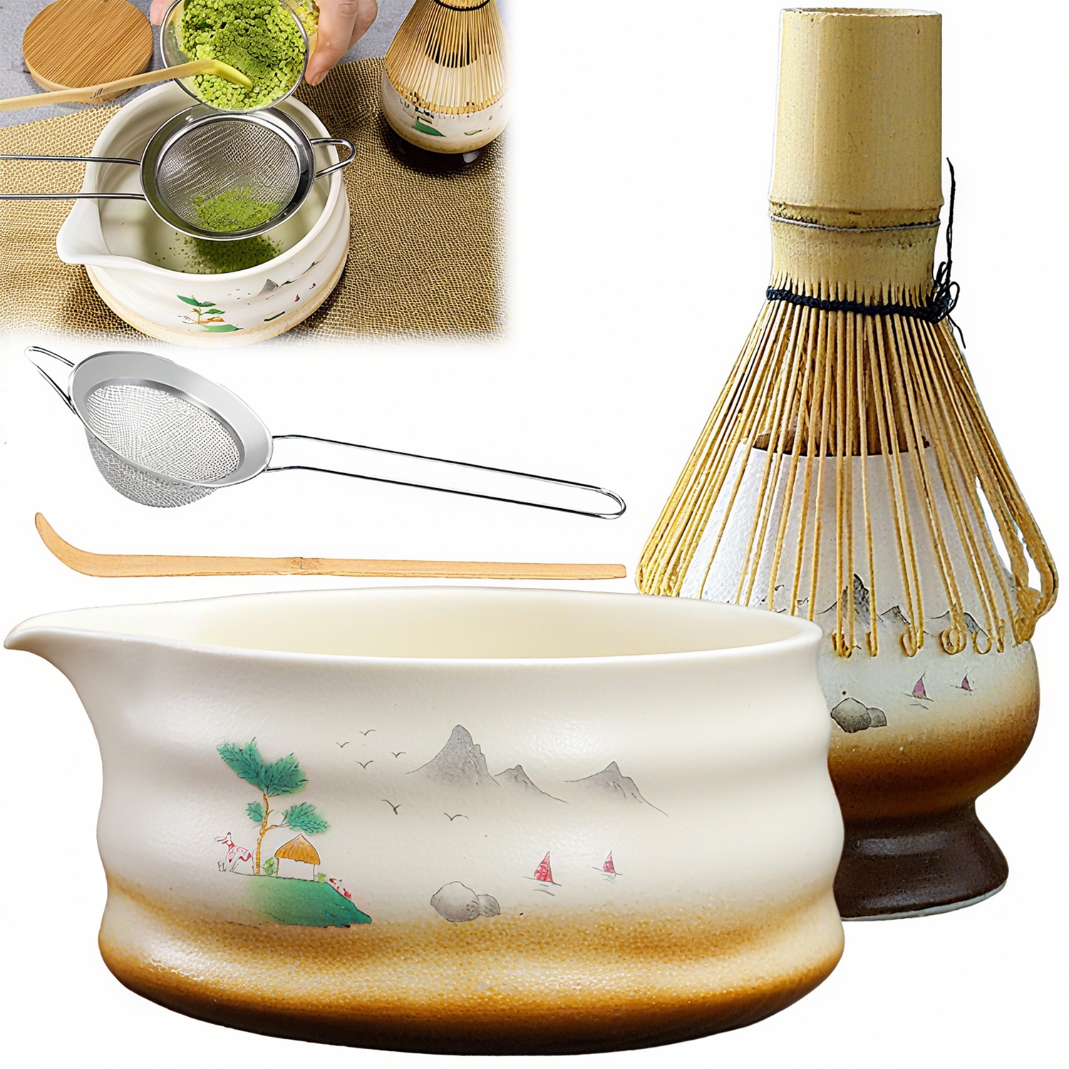 Levně Kompletní sada pro obřad Matcha se lžičkou a sítkem, ideální jako Dárek