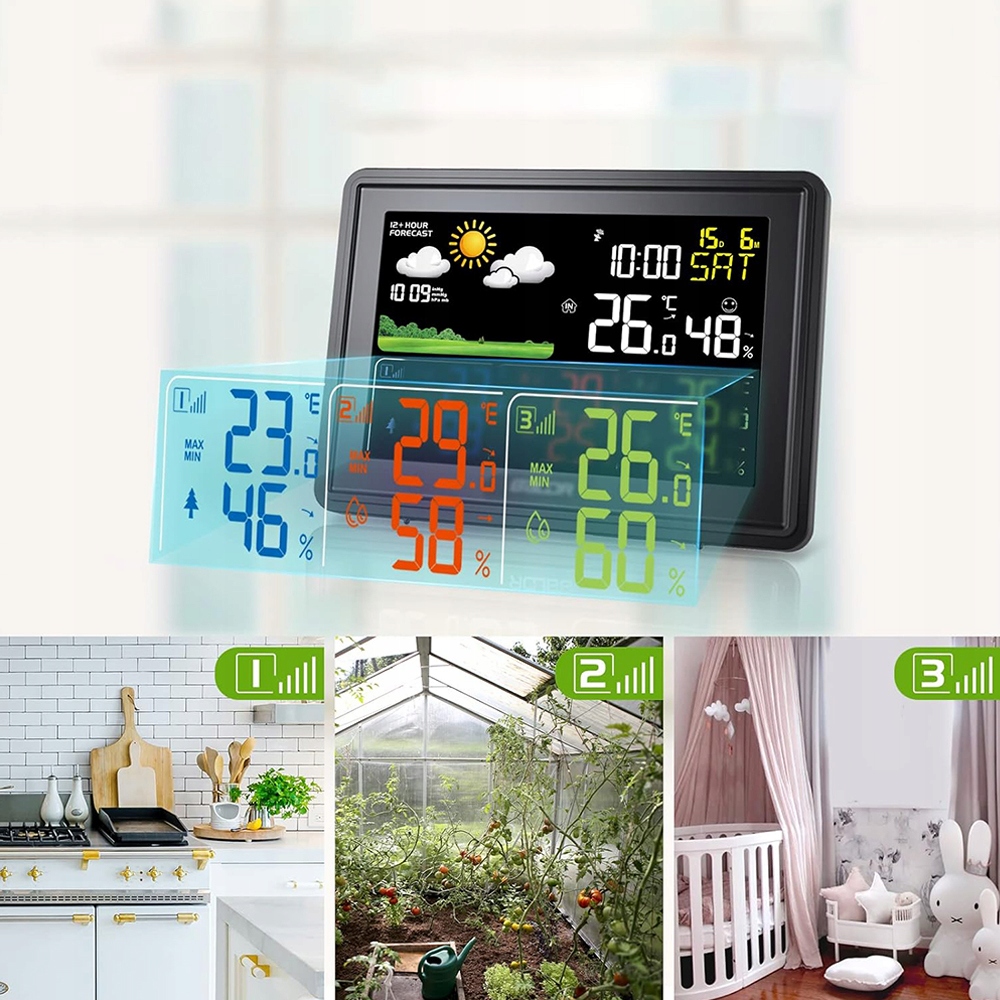 DOMOWA STACJA POGODOWA POGODY HIGROMETR BAROMETR TERMOMETR ZE 3x CZUJNIK Model STACJA POGODOWA