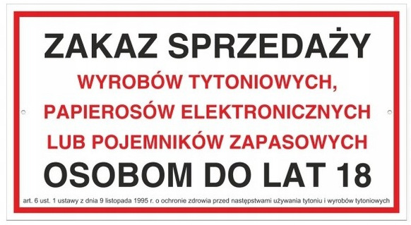 Tabliczka ZAKAZ SPRZEDAŻY WYROBÓW TYTONIOWYCH