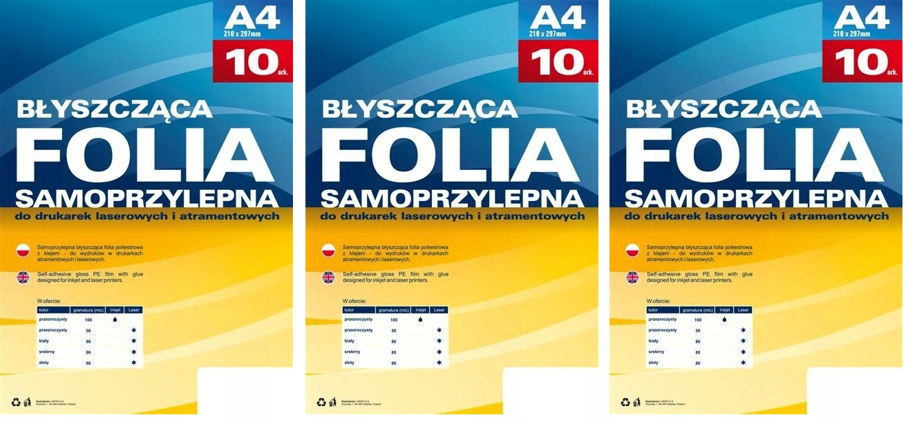 Samoprzylepna folia do drukarek laserowych Argo przezroczysta A4 10ar x 3op