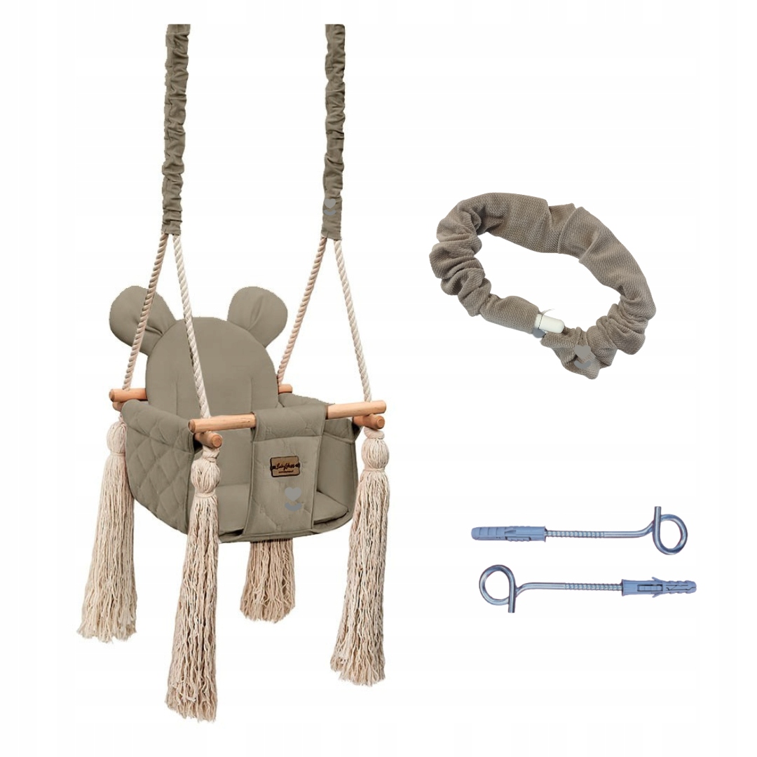 HUŚTAWKA DLA DZIECI DO FUTRYNY + HAKI + PASY BABYSTEPS VELVET BEŻOWA