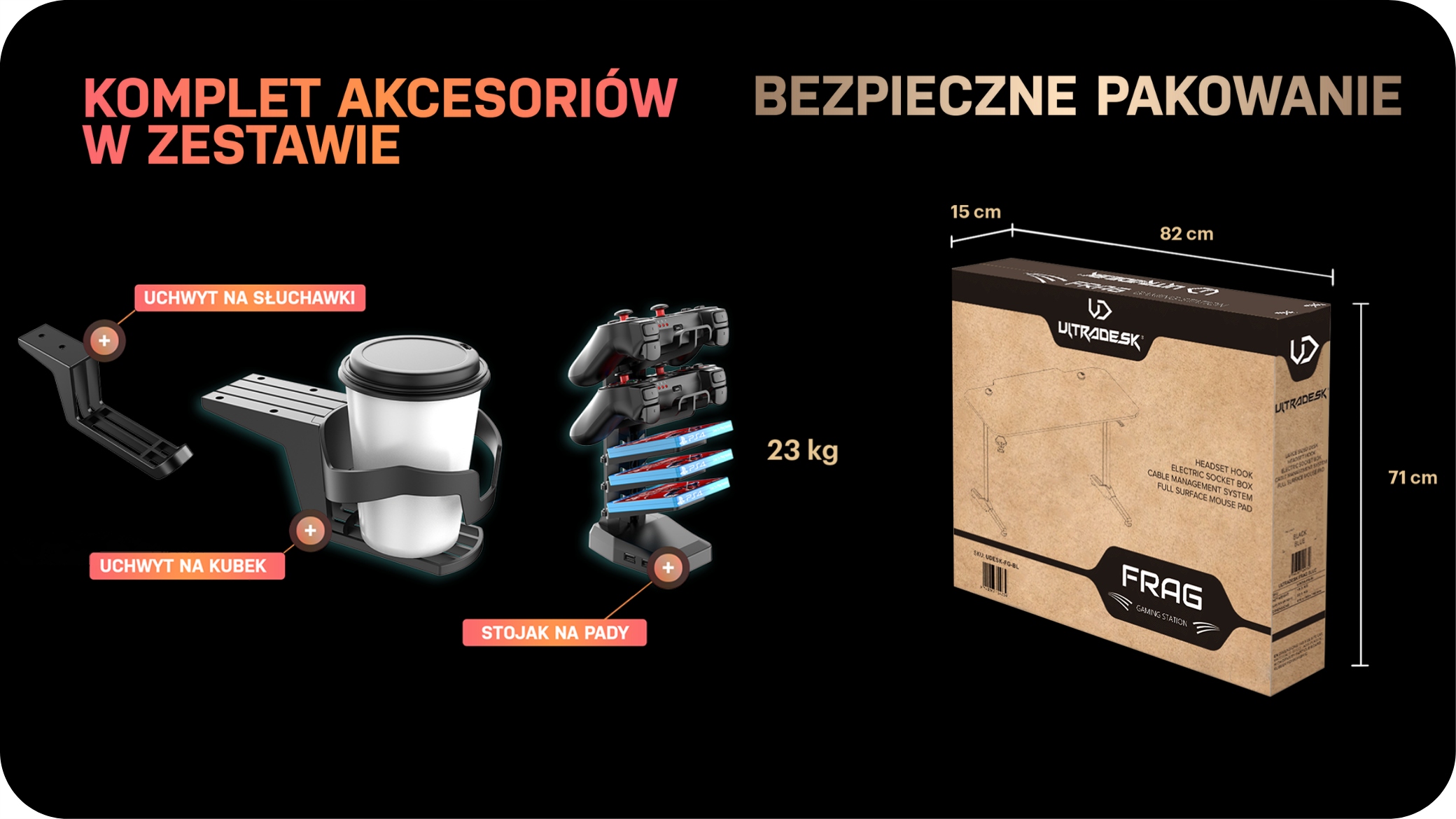 BIURKO KOMPUTEROWE GAMINGOWE 150x60cm ULTRADESK FRAG Gold LED RGB Podkładka Montaż meble do samodzielnego montażu