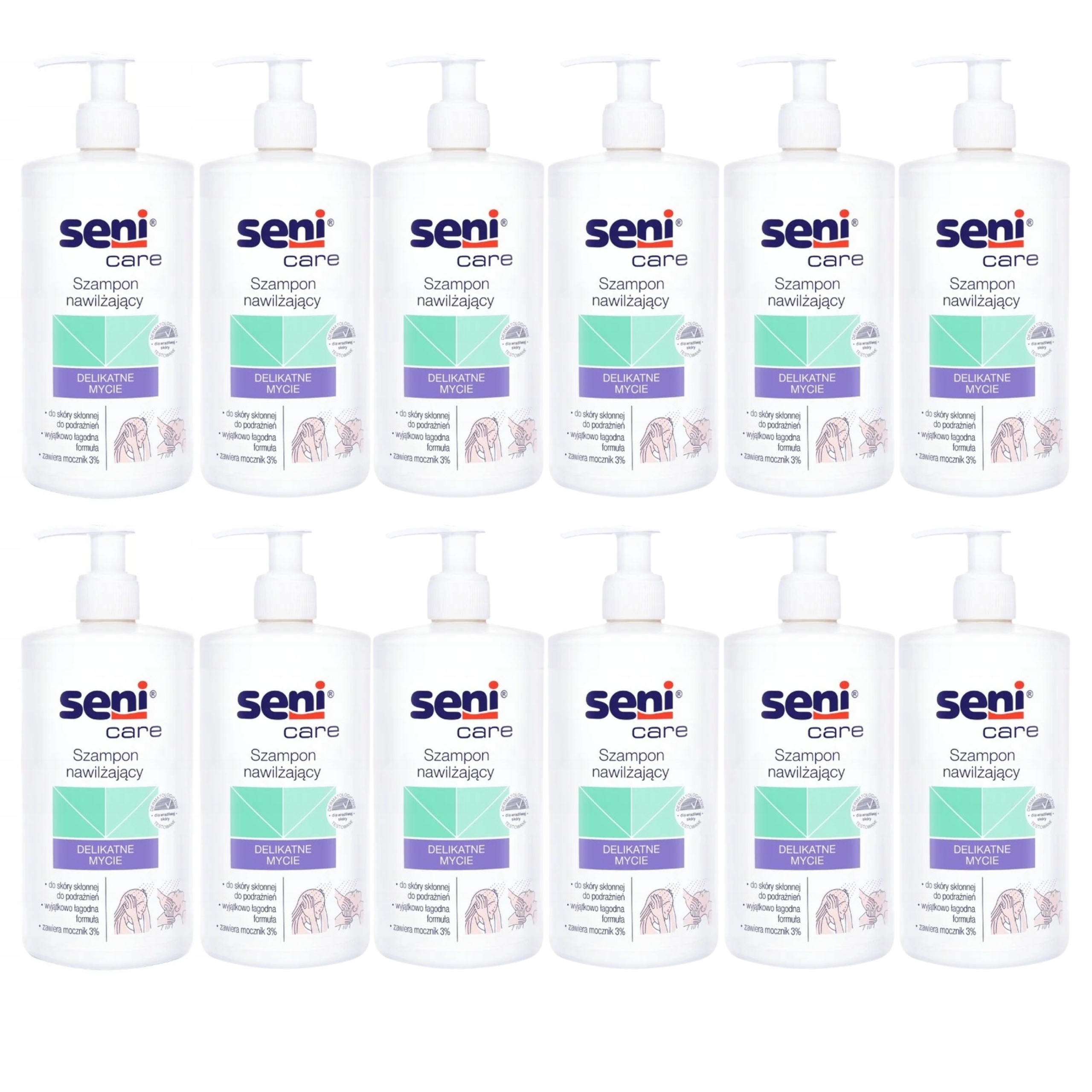 Zestaw 12x Łagodny Szampon Nawilżający Seni Care 500 ML Z Pompką