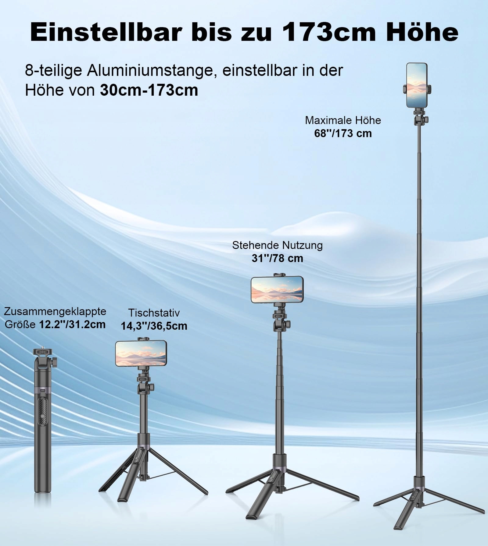 GAHENWO Statyw Selfie 173cm Tripod Do Kamer Akcji i Telefonów Z Pilotem — miniatura 5
