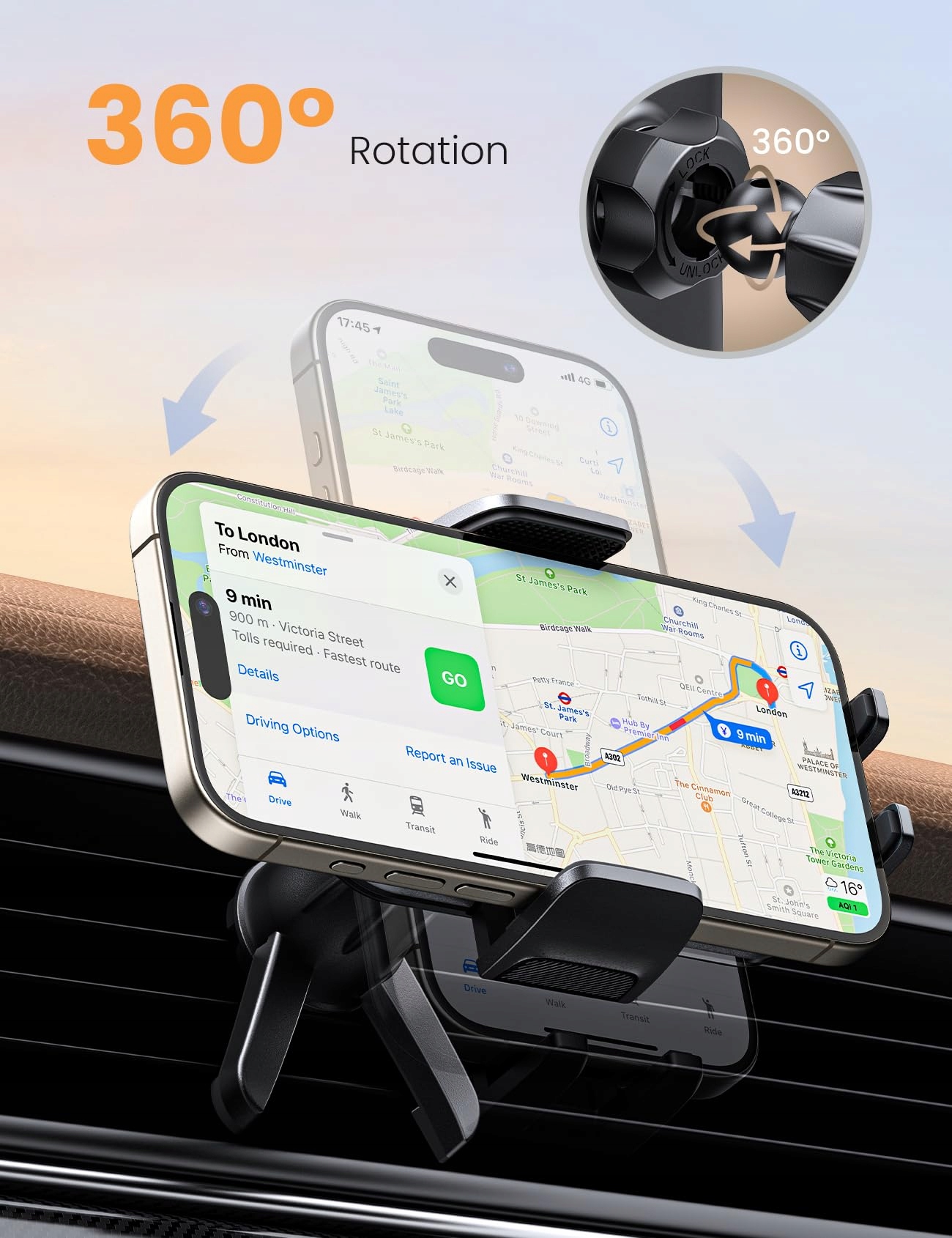 ANXRE Uchwyt Samochodowy Wentylacja 360° Do iPhone Android Smartfonów — miniatura 6