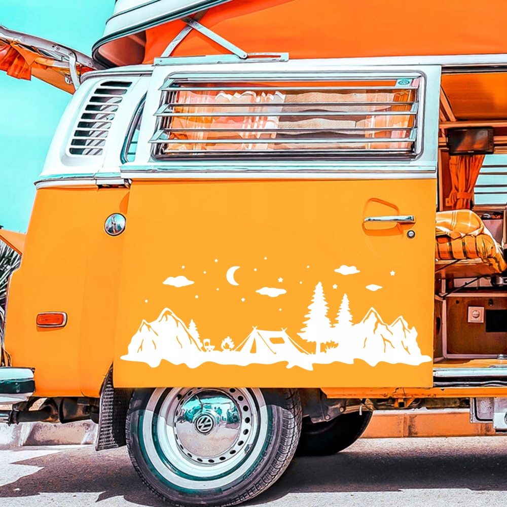 NAKLEJKA Grafika na kamper przyczepę CAMPING NAMIOT GWIAZDY GÓRY 90x247 Szerokość produktu 90 cm