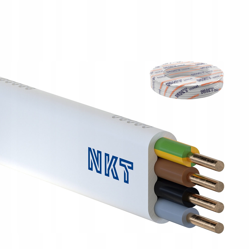 100m Przewód drut kabel elektryczny płaski YDYp 4x2,5 biały Nkt Krążek