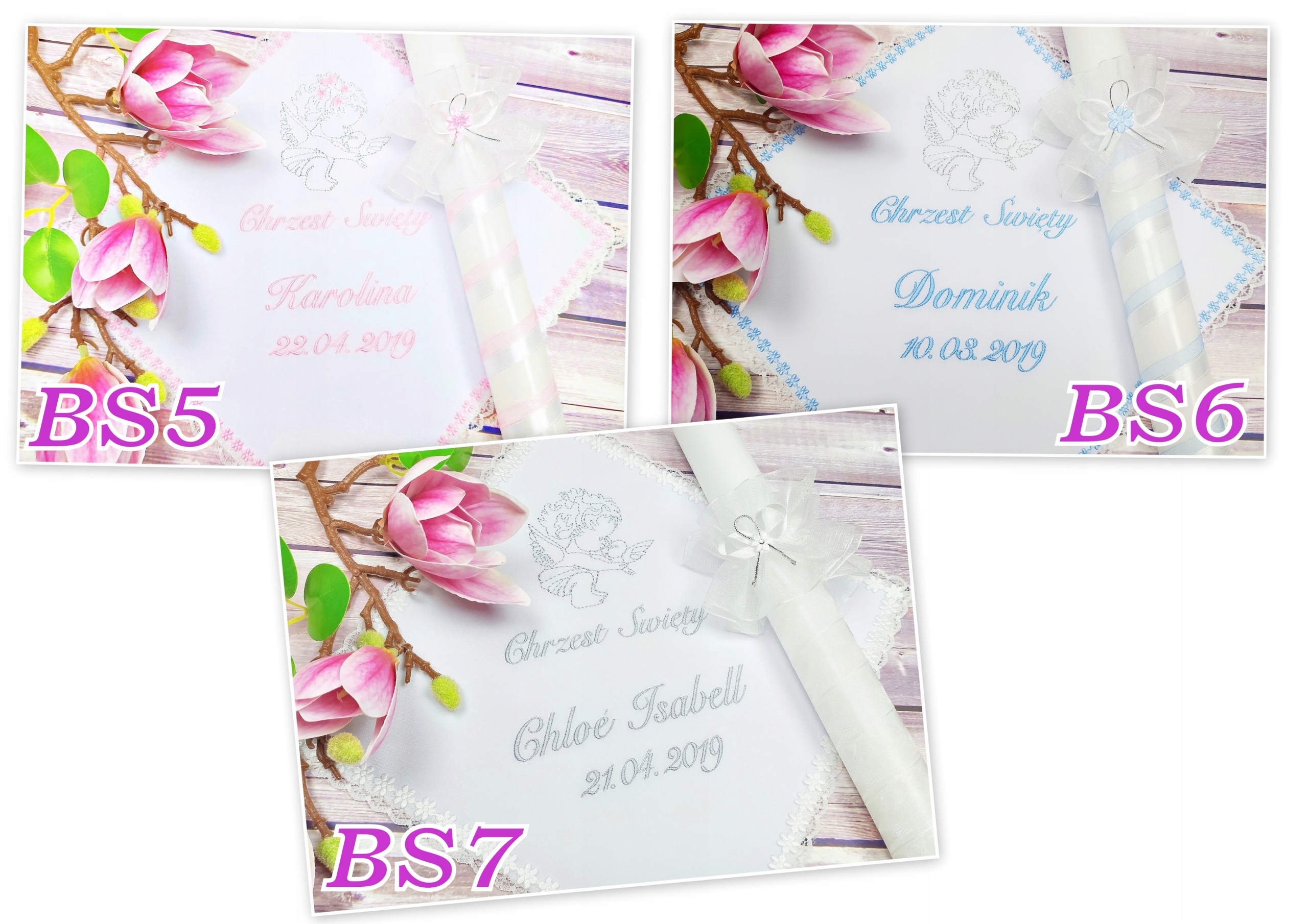 Biała szatka i świeca do chrztu dla dziewczynki chłopca gromnica Perła BS Długość 25 cm