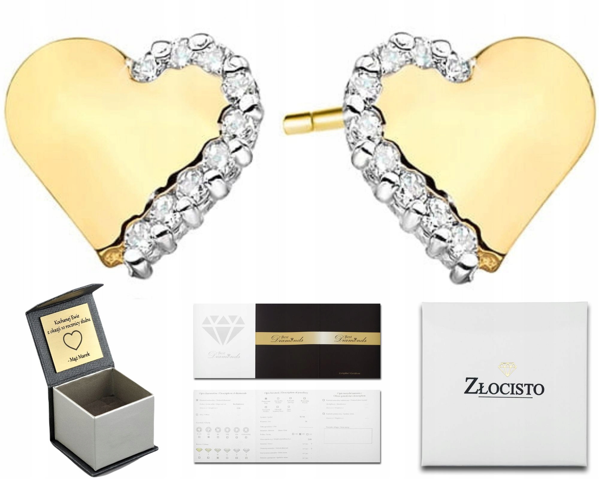 Zlaté Náušnice S Brilianty Srdce Šrouby 585