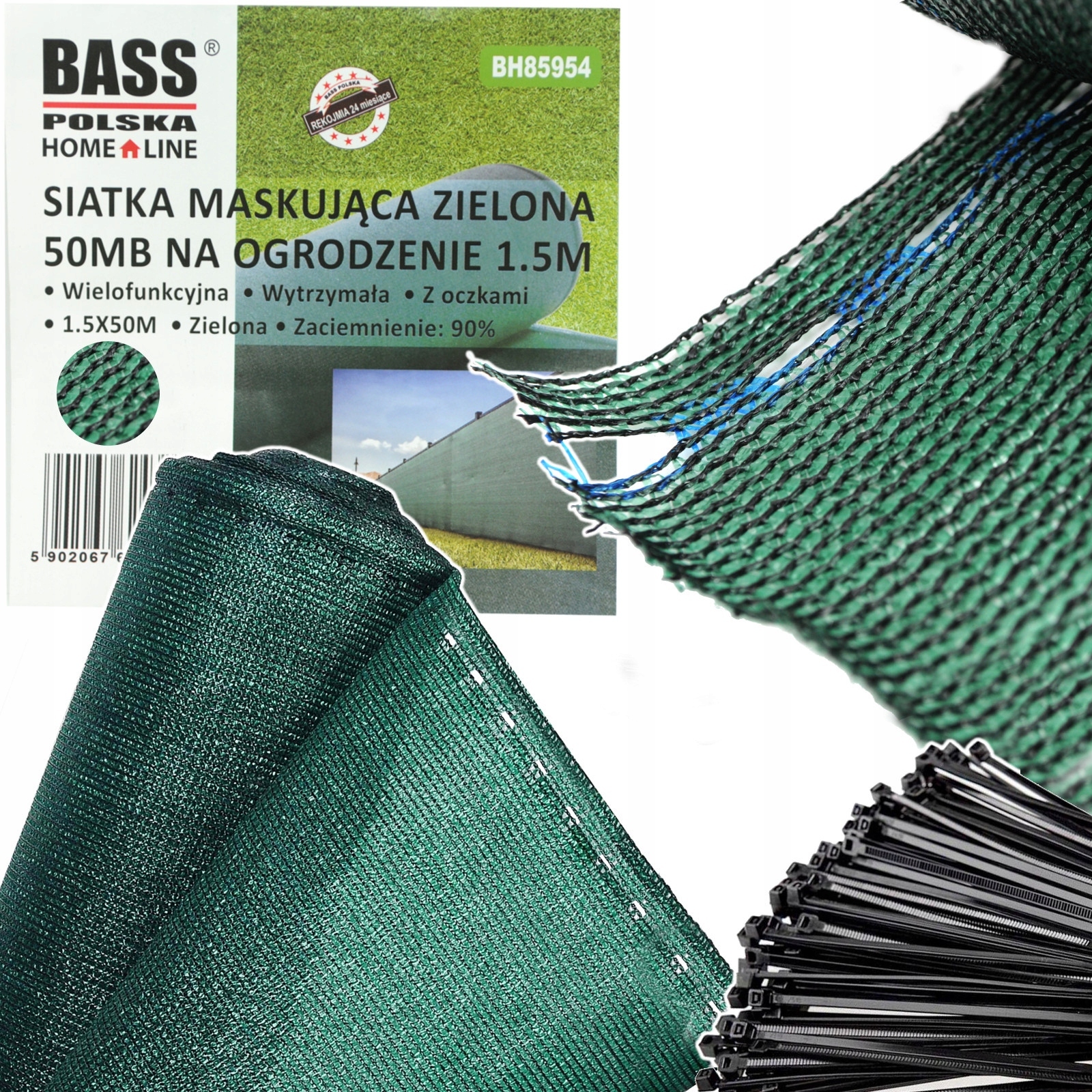 Siatka Maskująca Zielona Na Ogrodzenie, Płot, Balkon 50mb 1,5M Bass +opaski