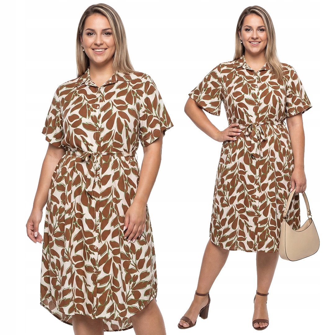 Béžová šaty s hnědými listy plus size velikost 54
