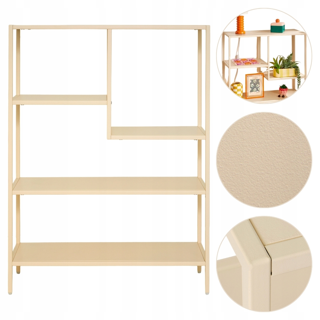 Regál 5-úrovňový, béžový, kovový, na knihy, dekorácie do obývačky, chodby