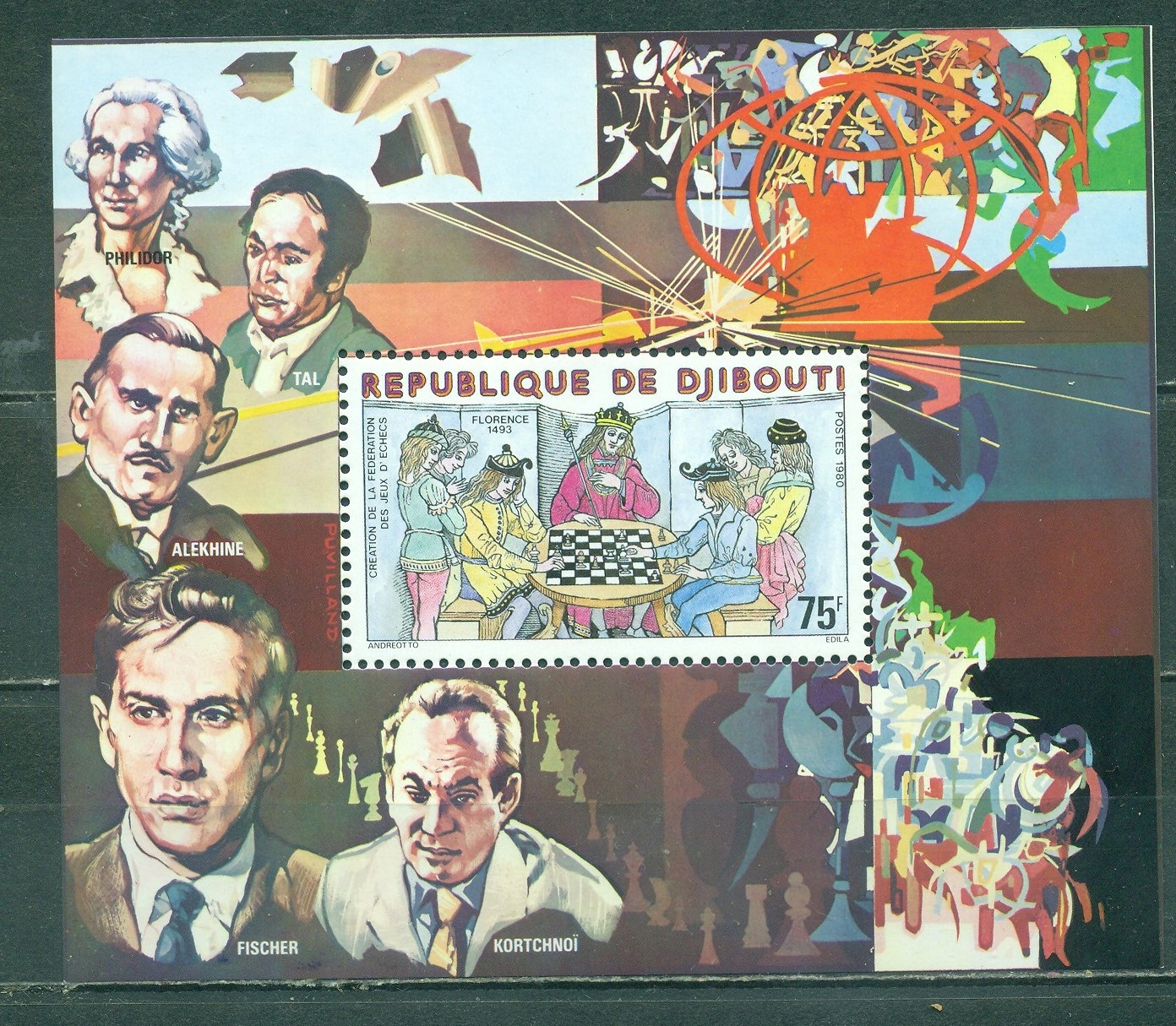 SZACHY. FISCHER. KORTCHNOI. REP. DJIBOUTI. Mi Bl.. A**1980r.