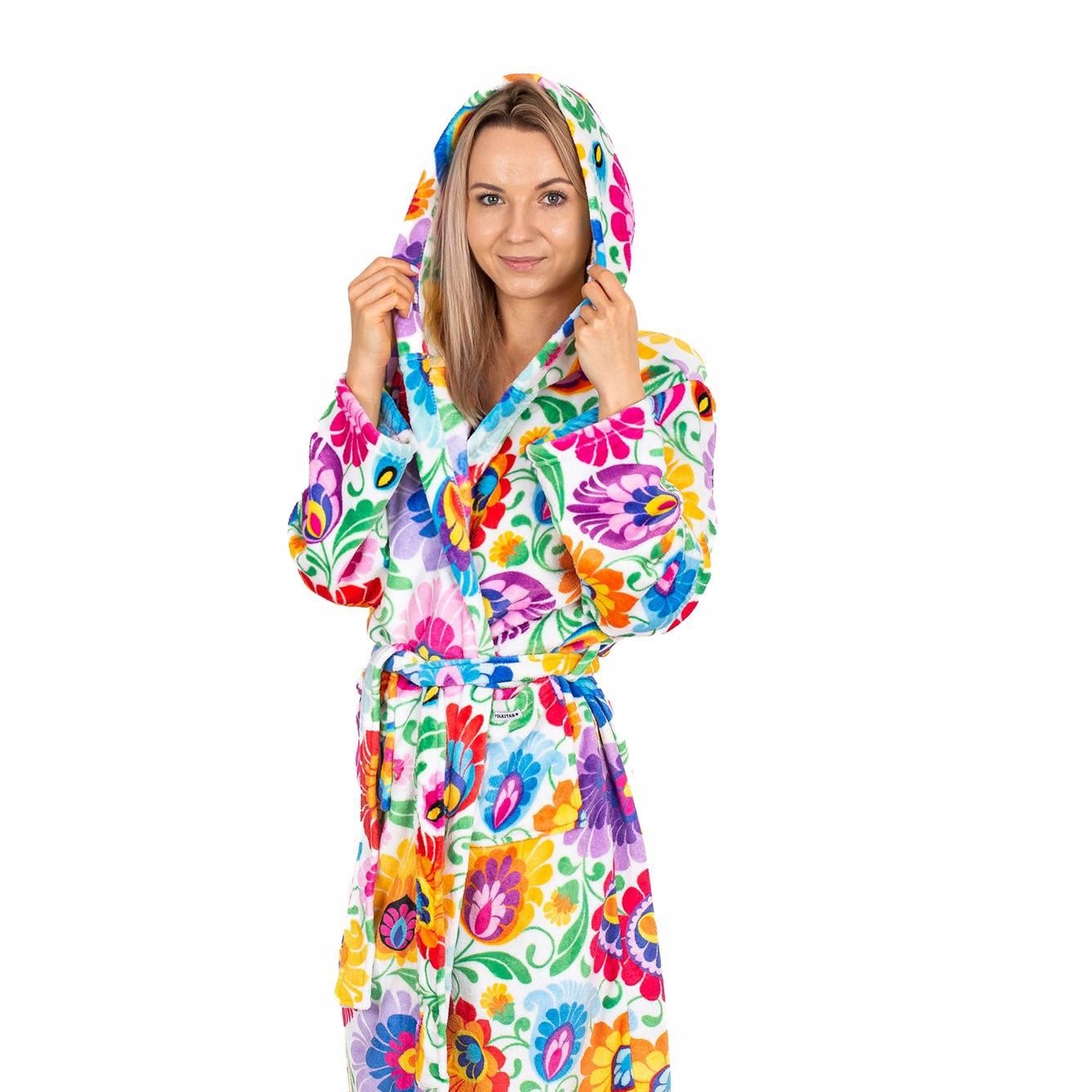 Dámský župan s kapucí s kolorovaným łowickým motivem – bílý, velikost XXL