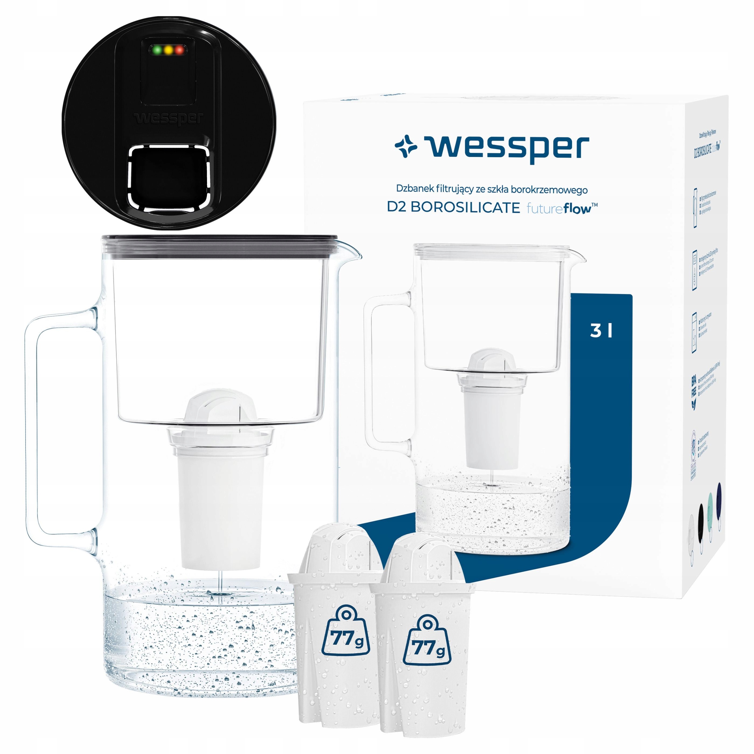 Dzbanek filtrujący szklany Wessper D2 Borosilicate 3l 3x filtr do wody