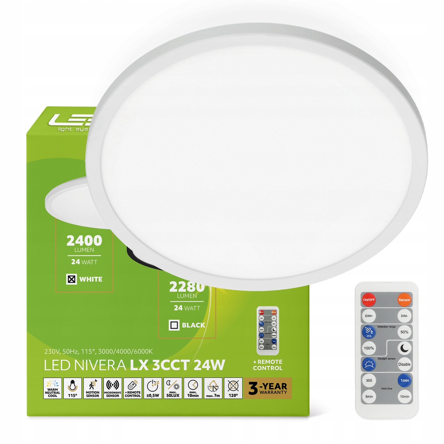 stropní svítidlo Led 24W IP54 s pohybovým a soumrakovým senzorem, 3 barvy světla