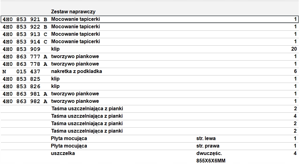 ZESTAW MOCUJĄCYCH CZĘŚCI DO PROGU AUDI A8 D4 ASO ORYGNIAL NOWY 4H0898855B Numer katalogowy części 4H0898855B