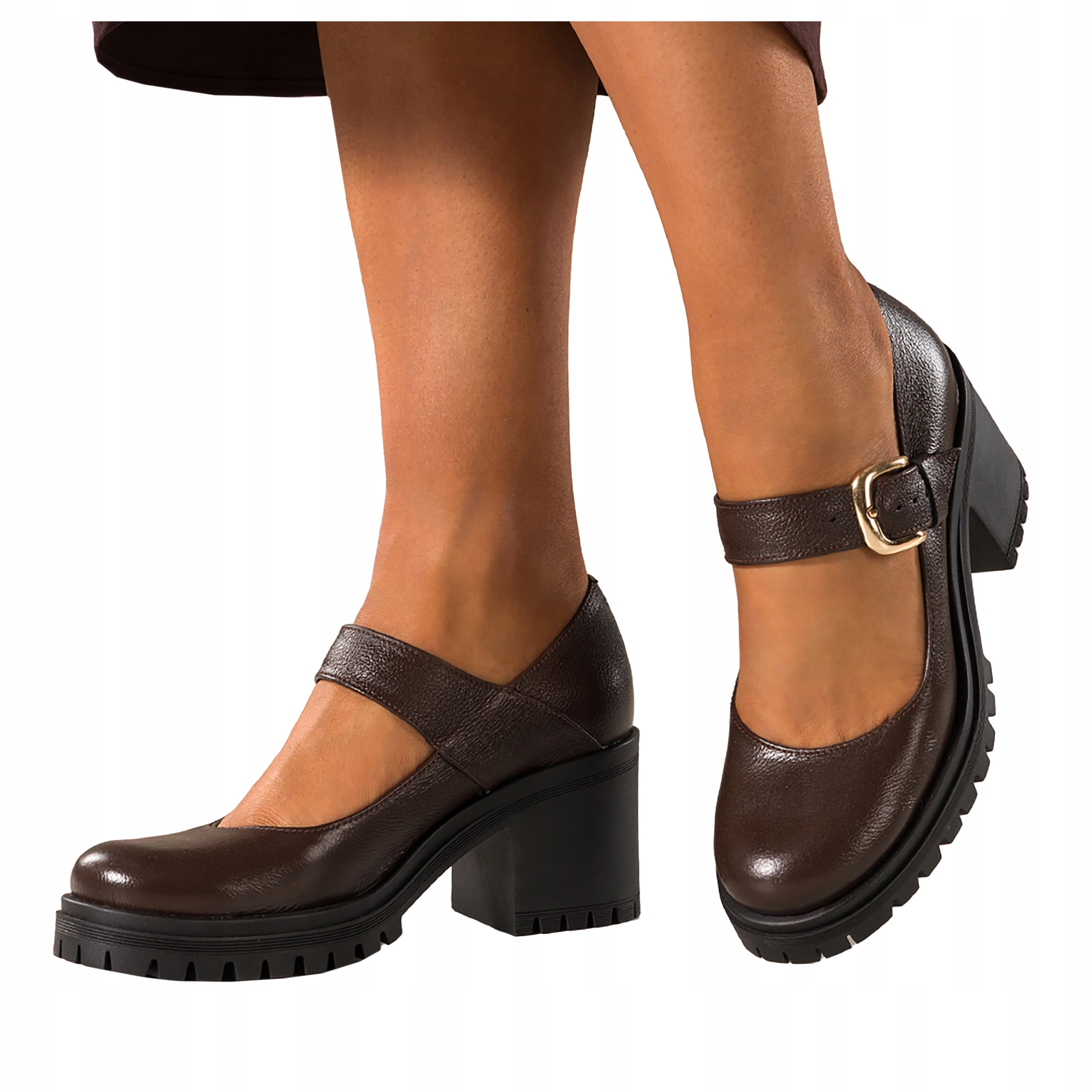 Čokoládové dámské Polobotky Mary Jane Pohodlné Zlatá kožená spona vel. 41