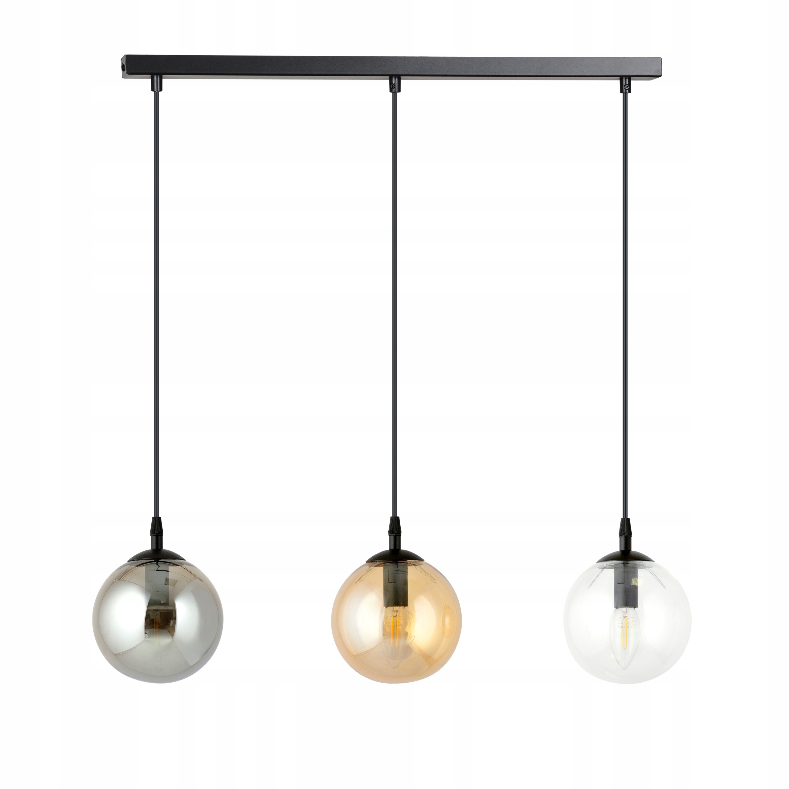 Závesná lampa Cosmo 3 čierna, priehľadná, okrúhle sklenené tienidlo