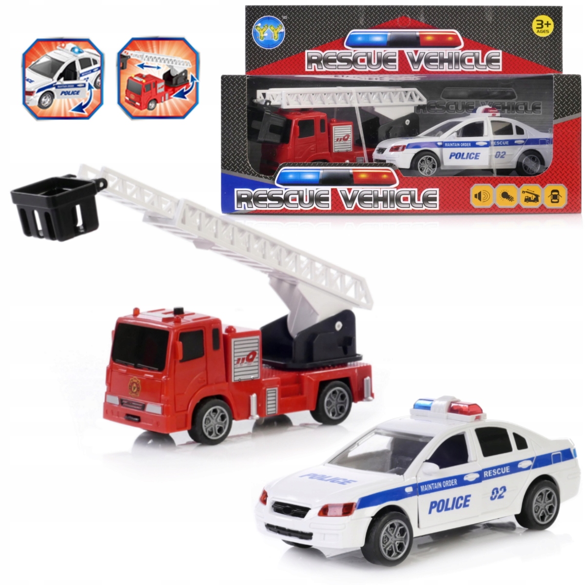 ZESTAW AUT MIEJSKICH STRAŻ POŻARNA + POLICJA ŚWIATŁO DŹWIĘK NAPĘD