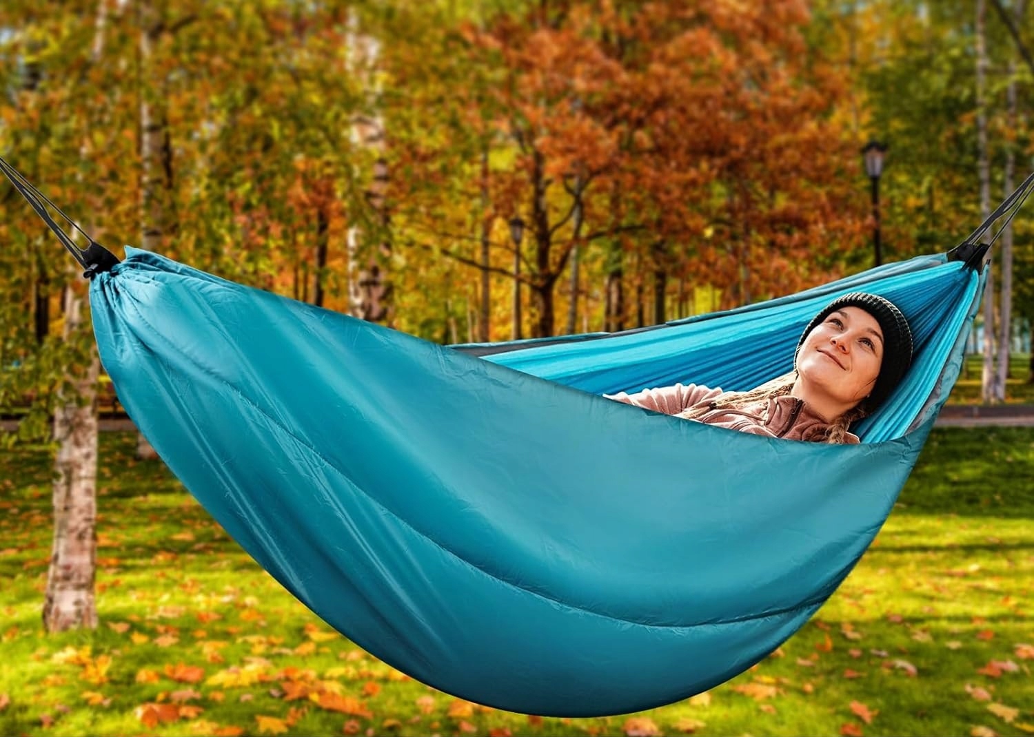 DUŻY HAMAK OGRODOWY DWUOSOBOWY CIEPŁY 4W1 KOŁDRA KOC ŚPIWÓR TERMICZNY Szerokość materiału 140 cm