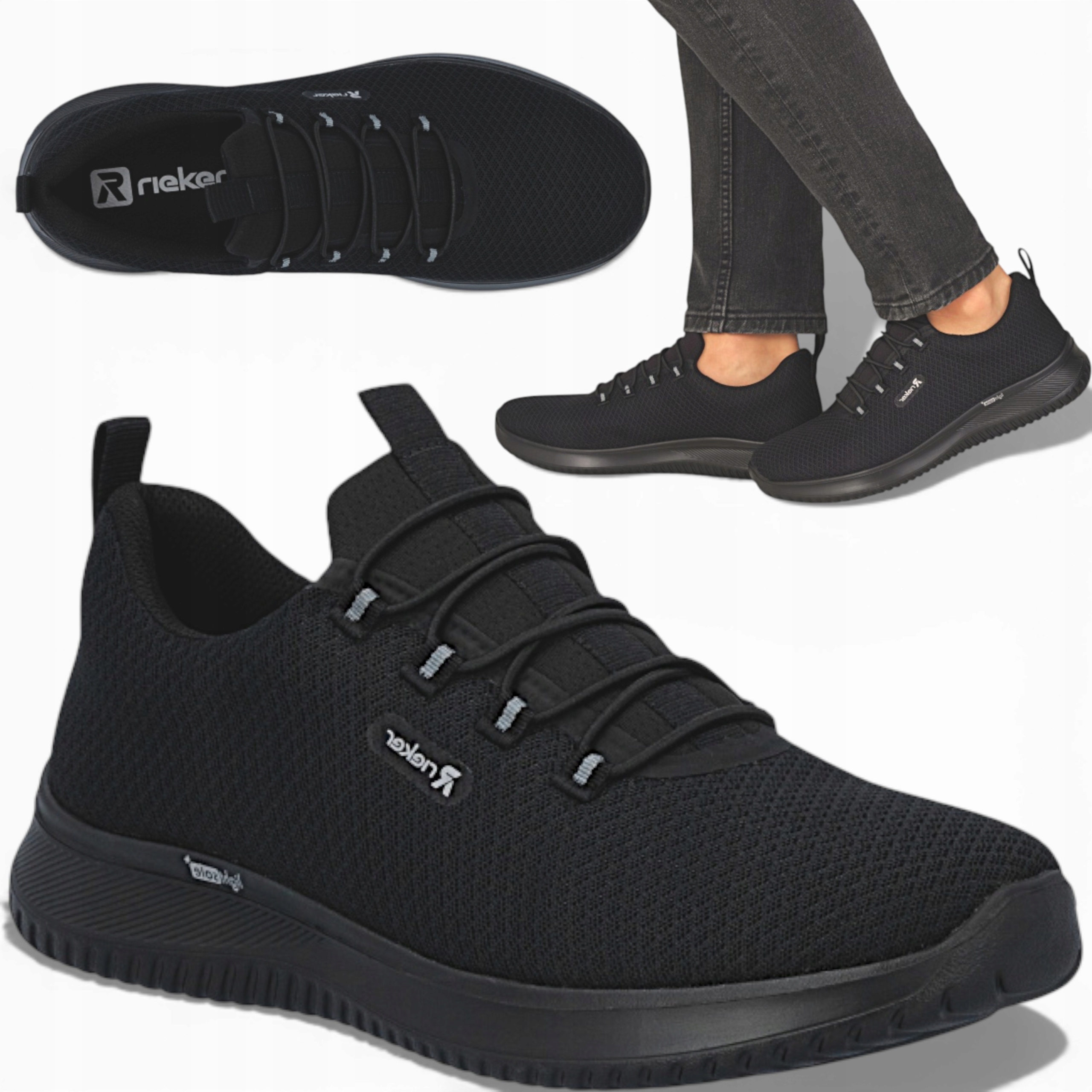 44 Rieker Pánské nazouvací letní tenisky, prodyšné, černé, sportovní obuv