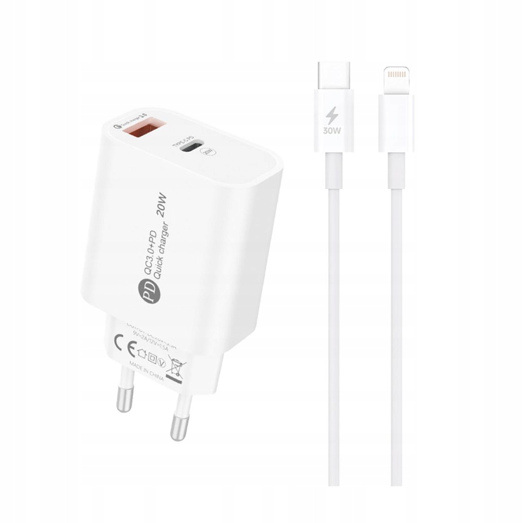 Ładowarka sieciowa 20W Usb-a Usb-c z kablem Usb-c iPhone Lightning 1m b