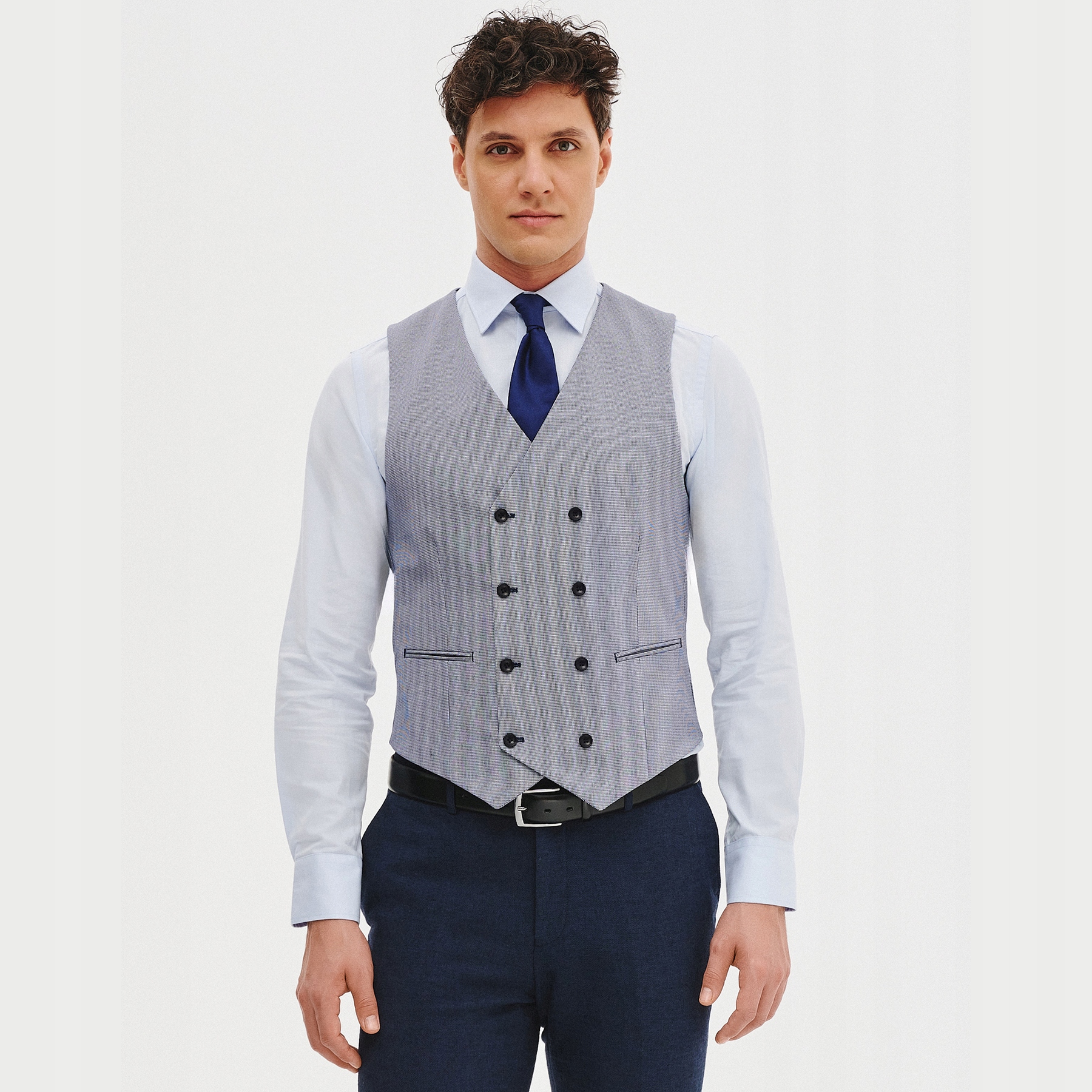 Pánská tmavě modrá dvouřadá vesta s pepitím vzorem Pako Lorente vel 54