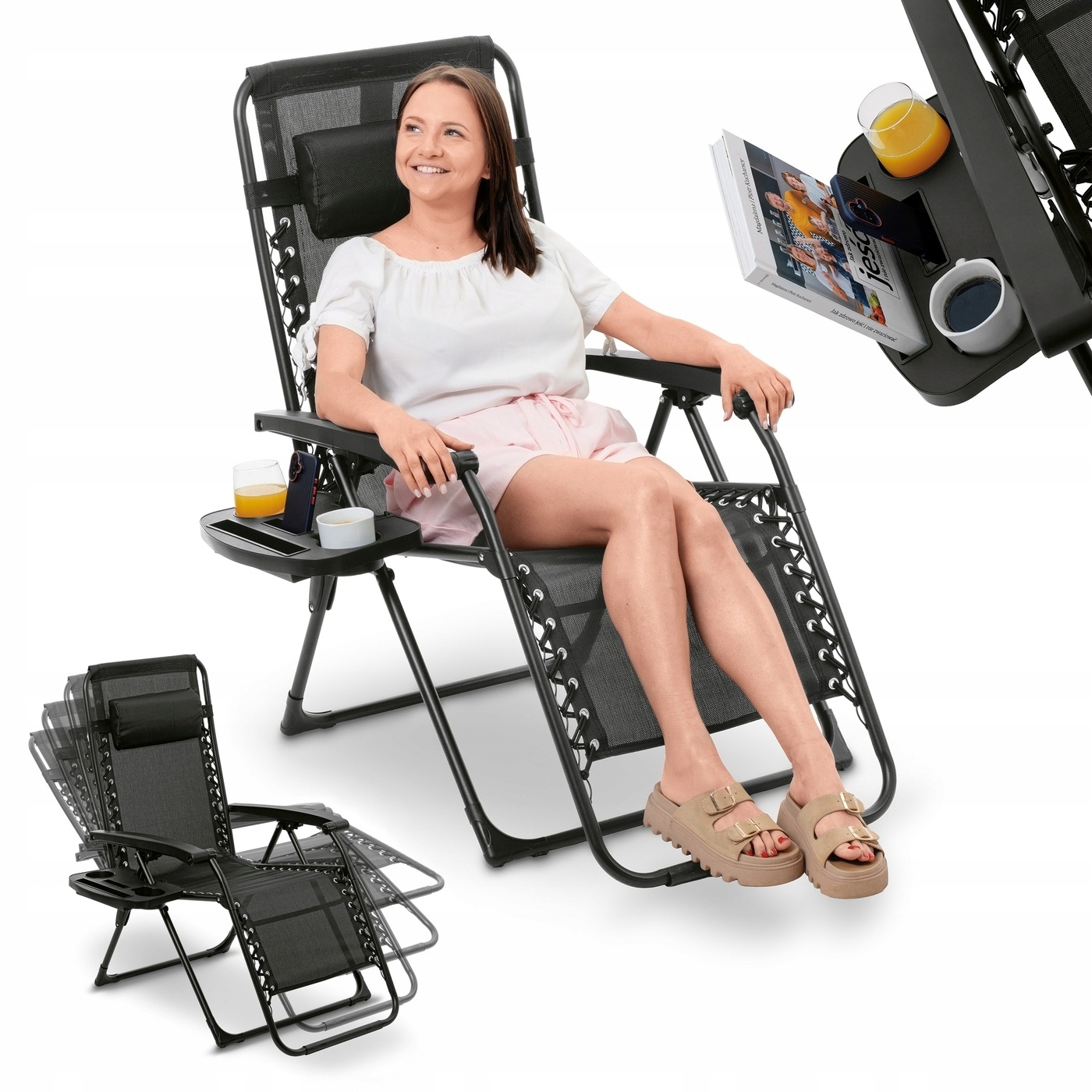 Leżak Ogrodowy Plażowy Grawitacyjny ze Stolikiem Tadar Black 63x160x80