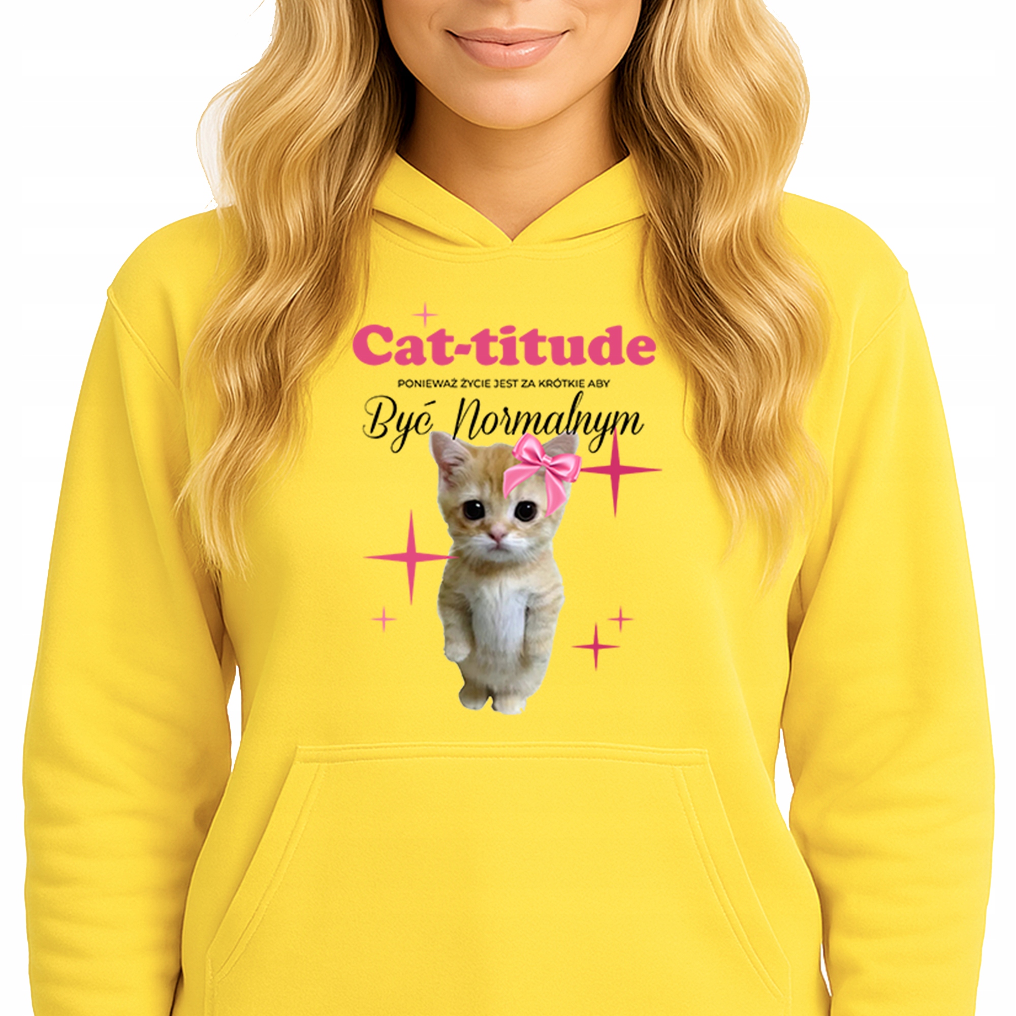 Mikina S Kapucí Žlutá bavlněná mikina Módní Youth Cat-titude Velikost M