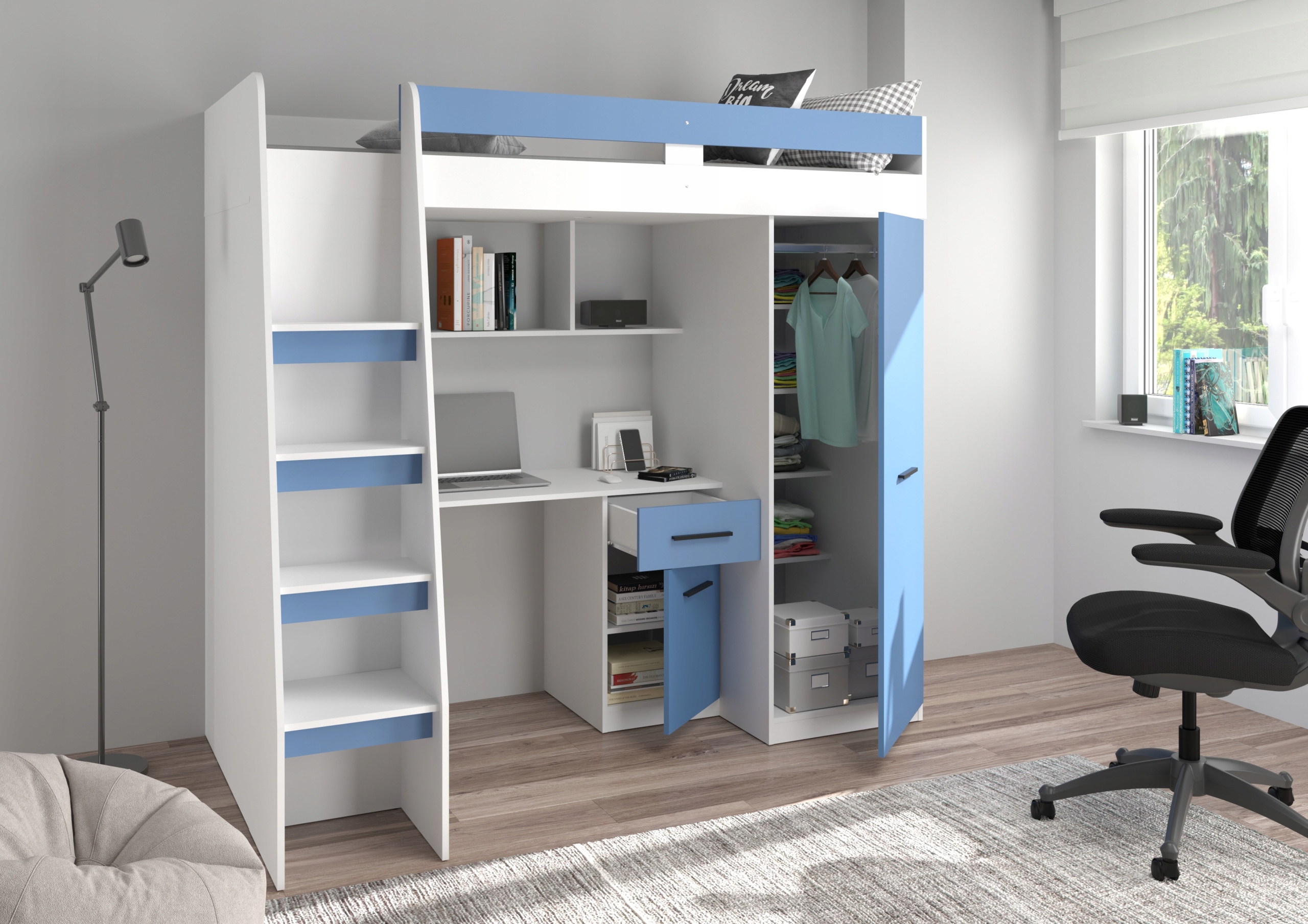 Hi5 lewy biały/błękit/niebieski łóżko piętrowe Marka MebloSklep24