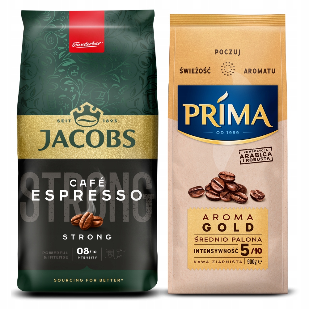 Kawa ziarnista Jacobs Espresso Strong 1kg Prima Aroma Gold 900g zestaw