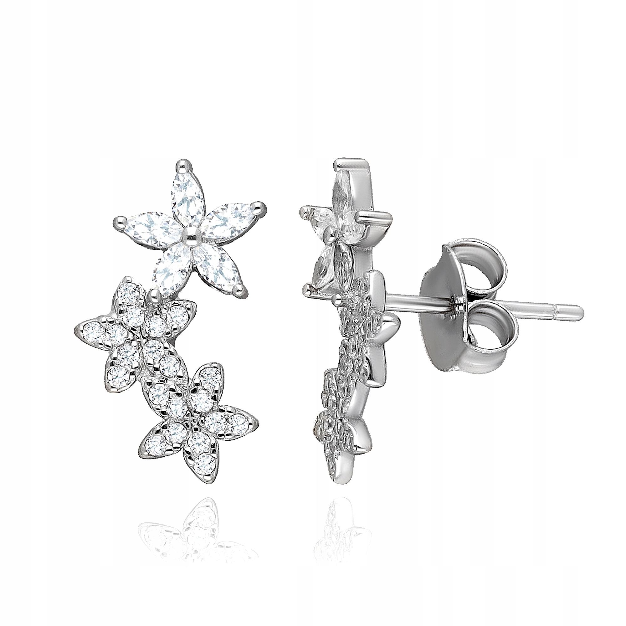 Srebrne Piękne Kolczyki Potrójne Kwiatki Z Cyrkoniami p.925
