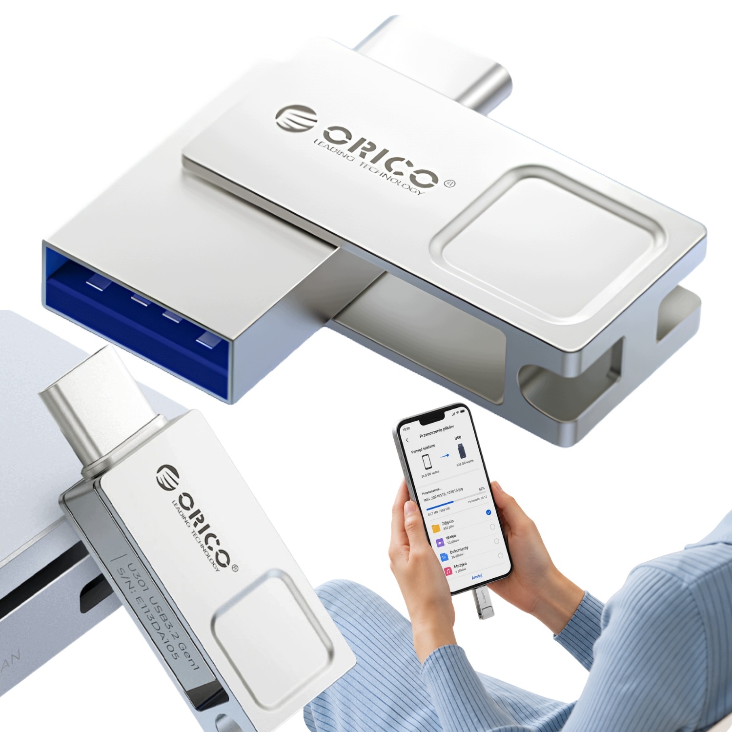 Pendrive Orico U301 128 Gb Usb- A Usb- C Usb 3. 2 Gen 1 srebrny Orico