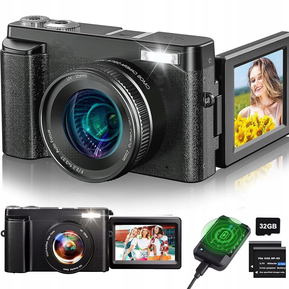 Aparat Cyfrowy Fotograficzny 4K 48MP 16X Ekran odchylany o 180°+ Karta 32GB