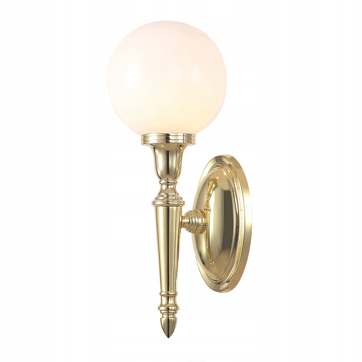 Mosadzná nástenná lampa, biela sklenená guľa do spálne glamour Elstead