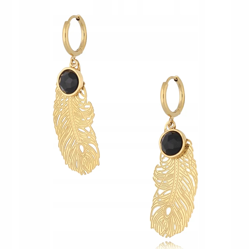Náušnice By Dziubeka Upgrade Pírka s černým sklem ocel zlatý kreol