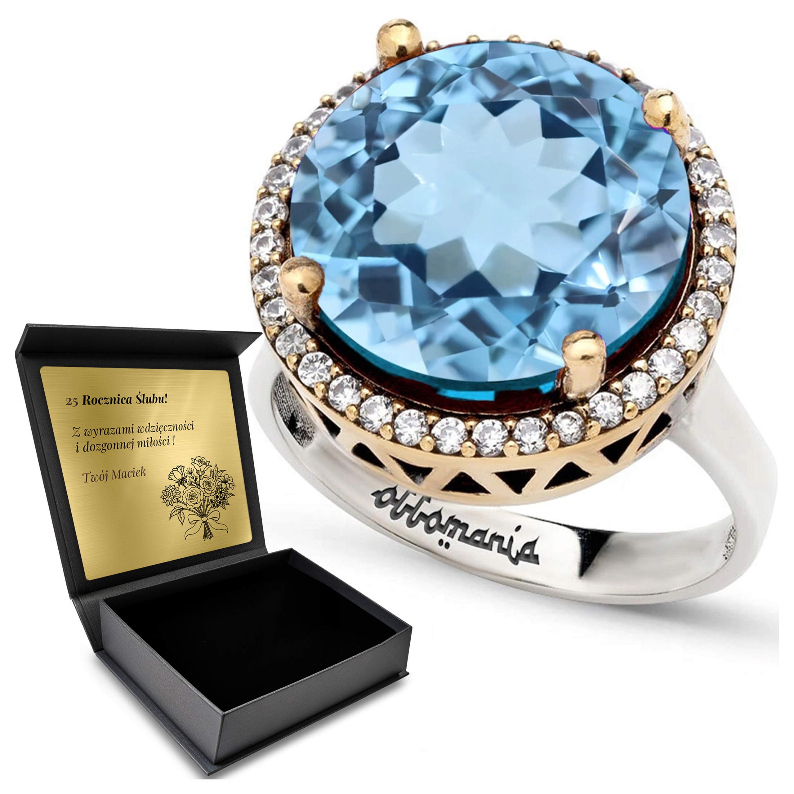 Prstýnek 925 S Zirkony A Modrým Topazem Pro Ženu Gravírování