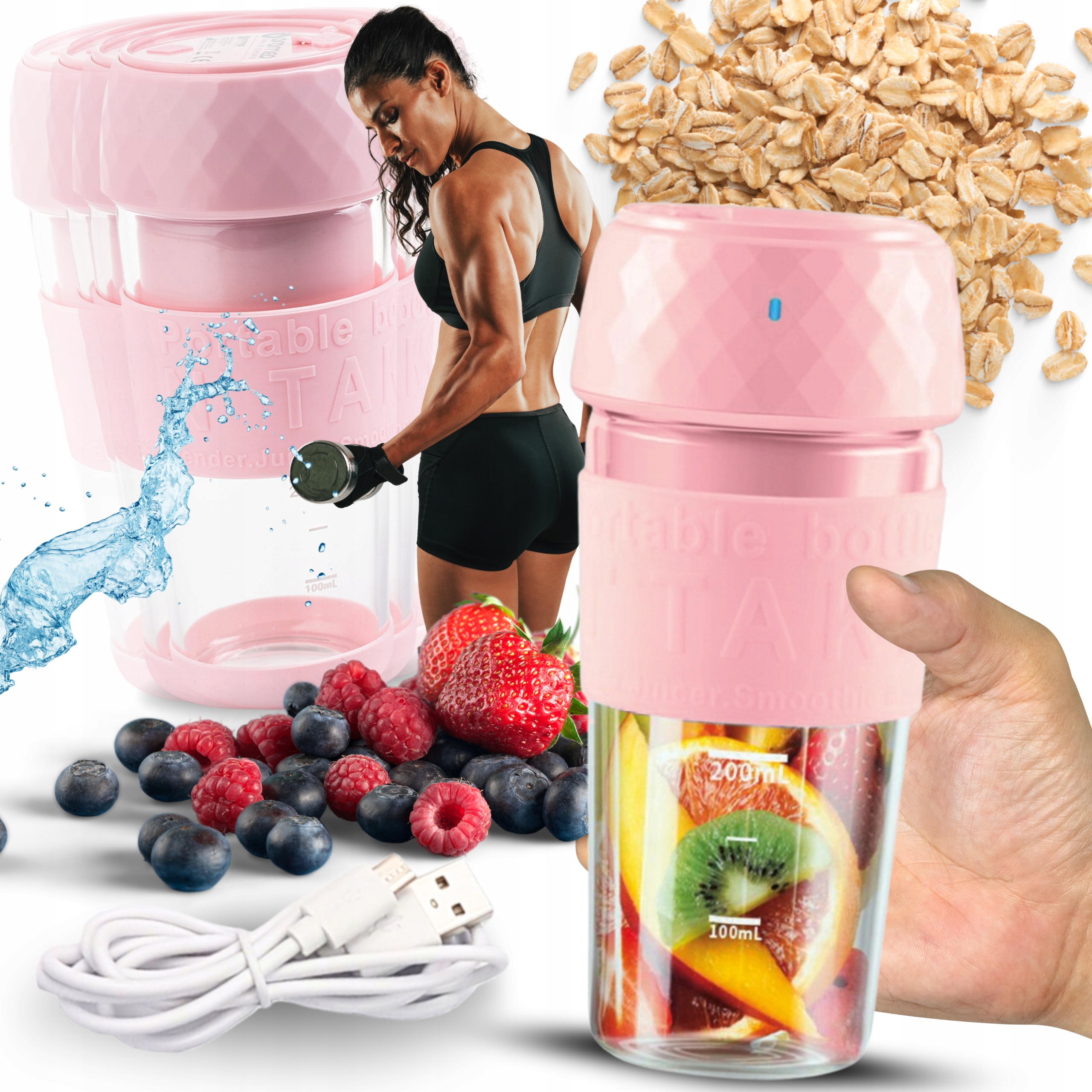 Shaker blender elektryczny Sportowy mały do Odżywek koktajli Białka Różowy