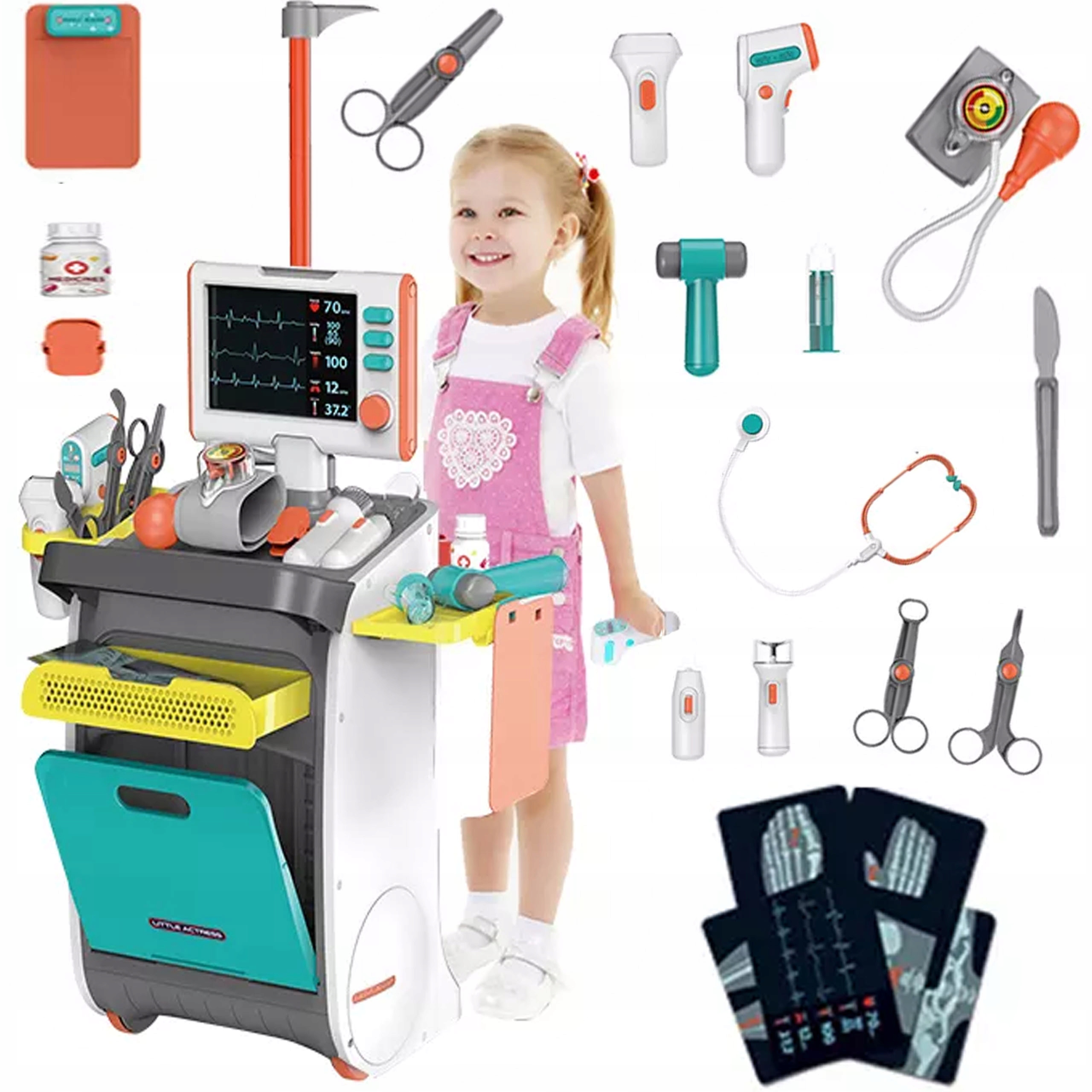 ZESTAW MAŁY DOKTOR LEKARSKI DLA DZIECI WÓZEK DŹWIĘKI 10w1 AKCESORIA MATADI