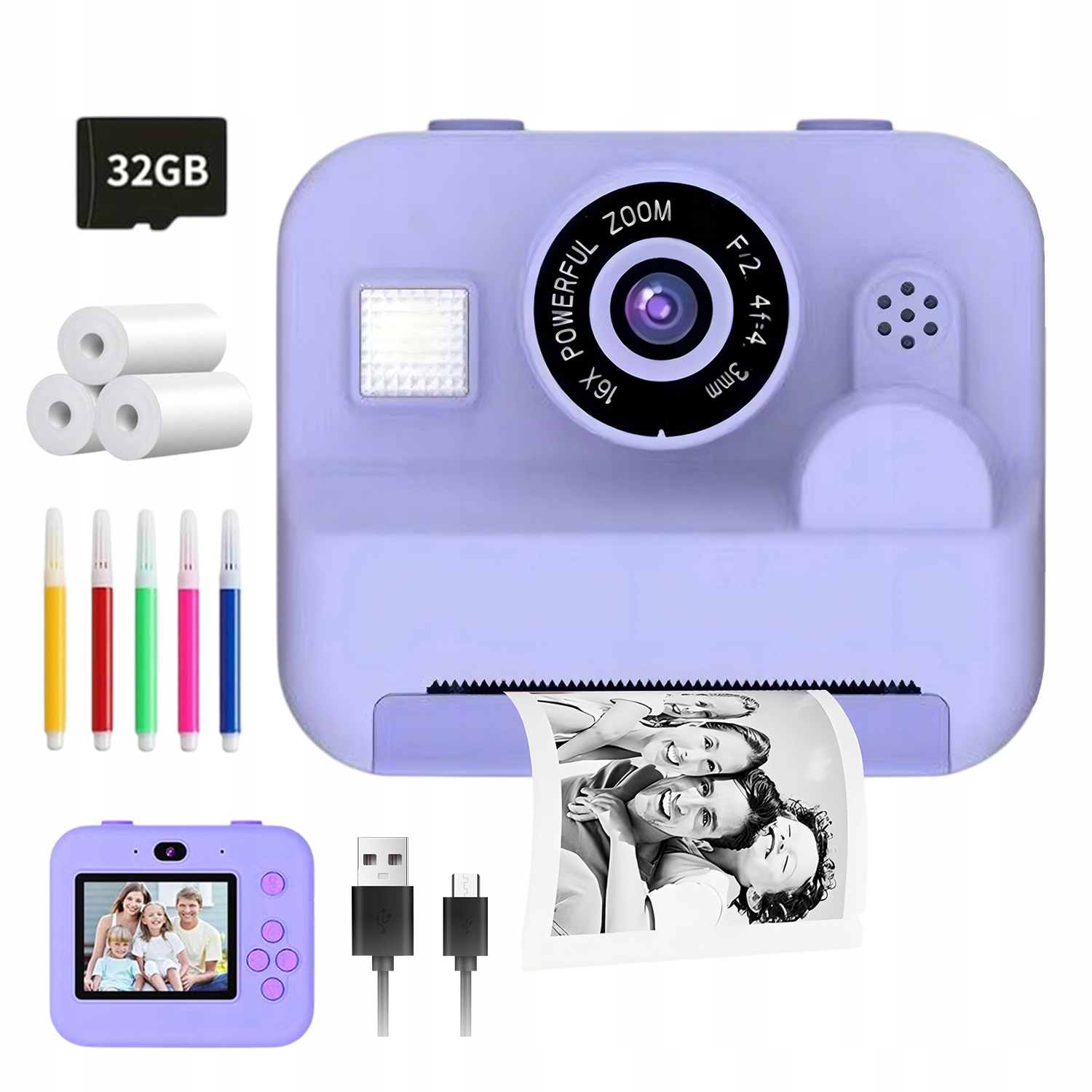 Fotoaparát pro děti 2,4" Okamžitá Termální Tiskárna 32GB