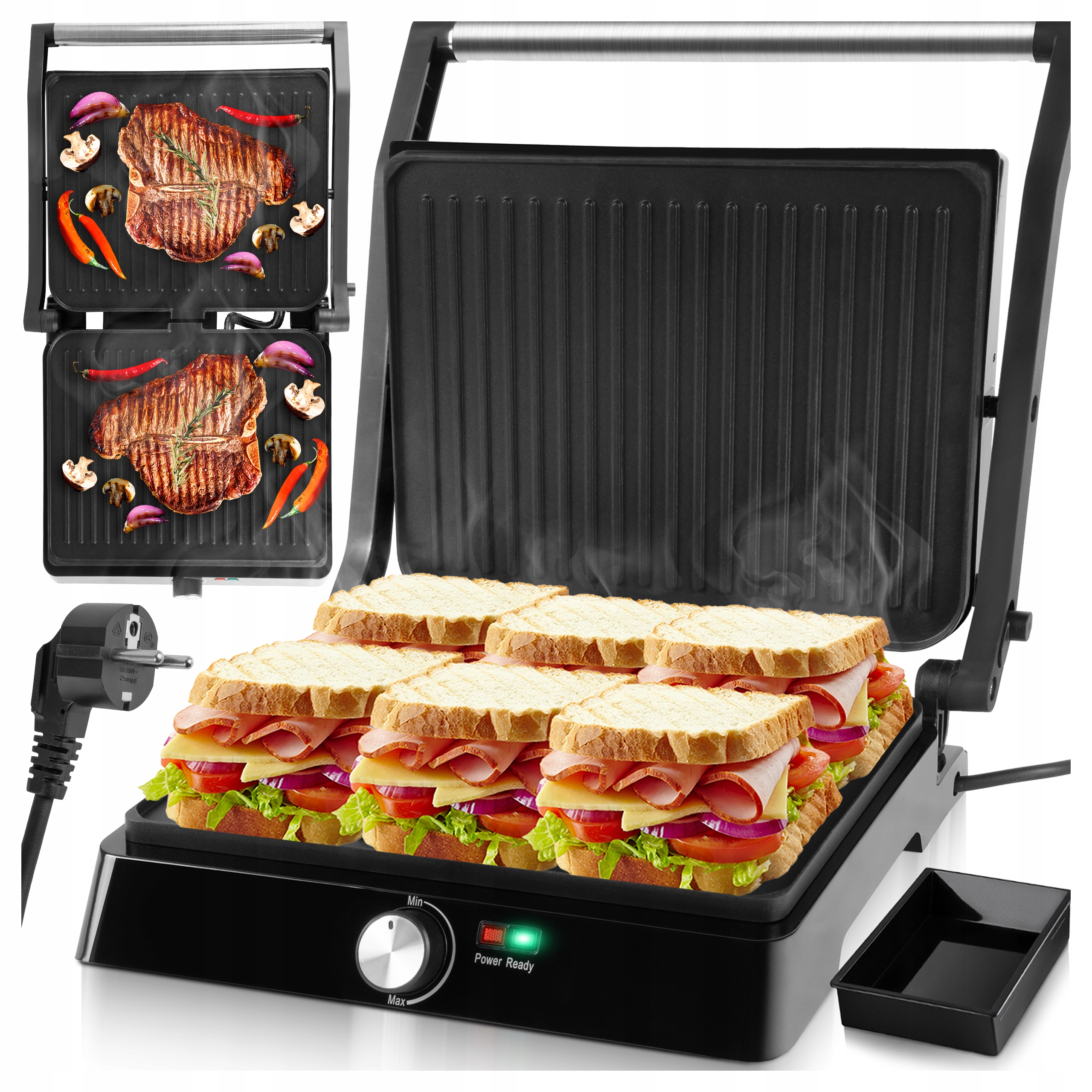 Grill Elektryczny Opiekacz Toster Do Kanapek Panini Rozkładany Mocny 2200W