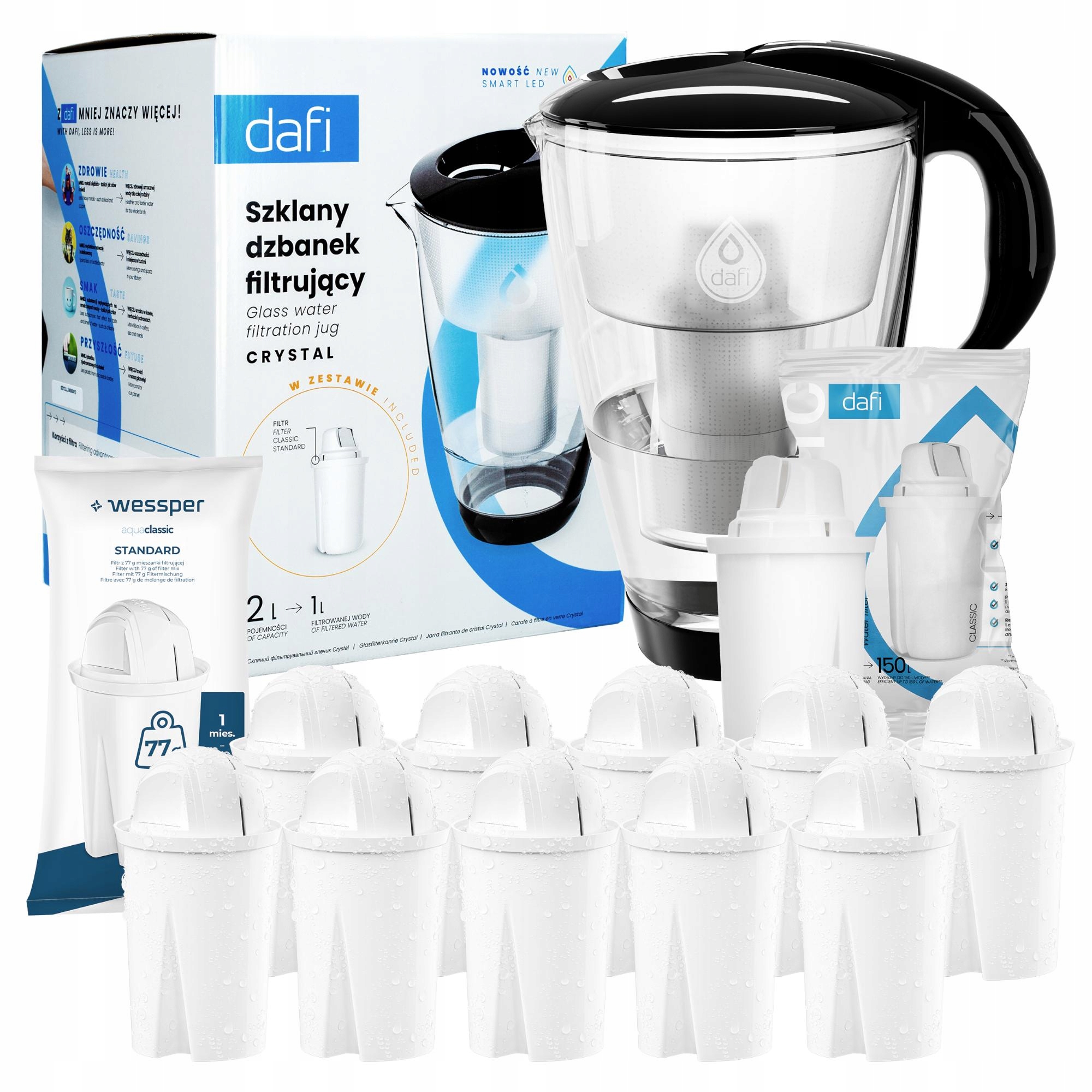 Dzbanek filtrujący szklany Dafi Crystal Led 10x Filtr Wessper Zamiennik