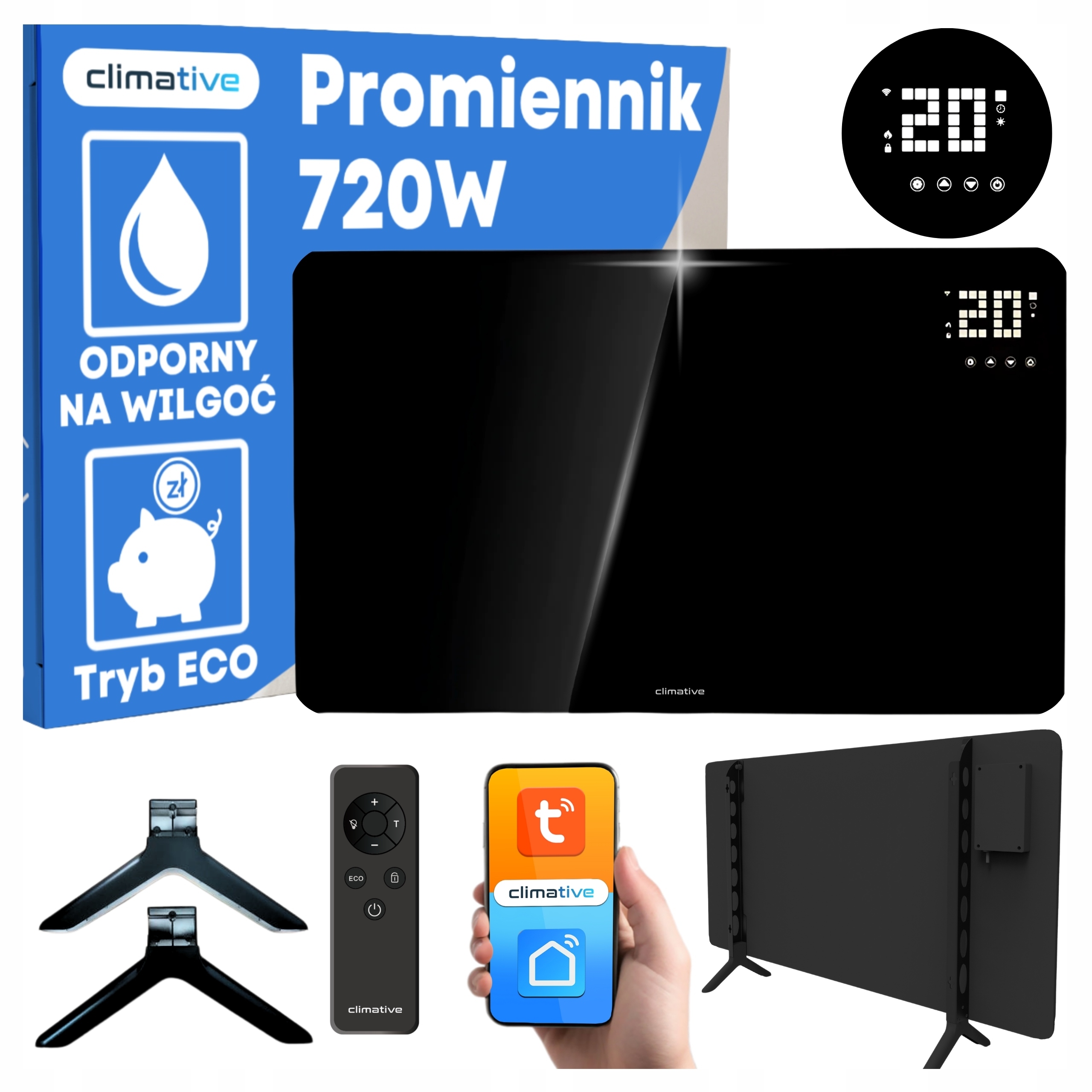 Szklany promiennik na podczerwień panelowy PrimeHeat 720W WiFi Tuya pilot