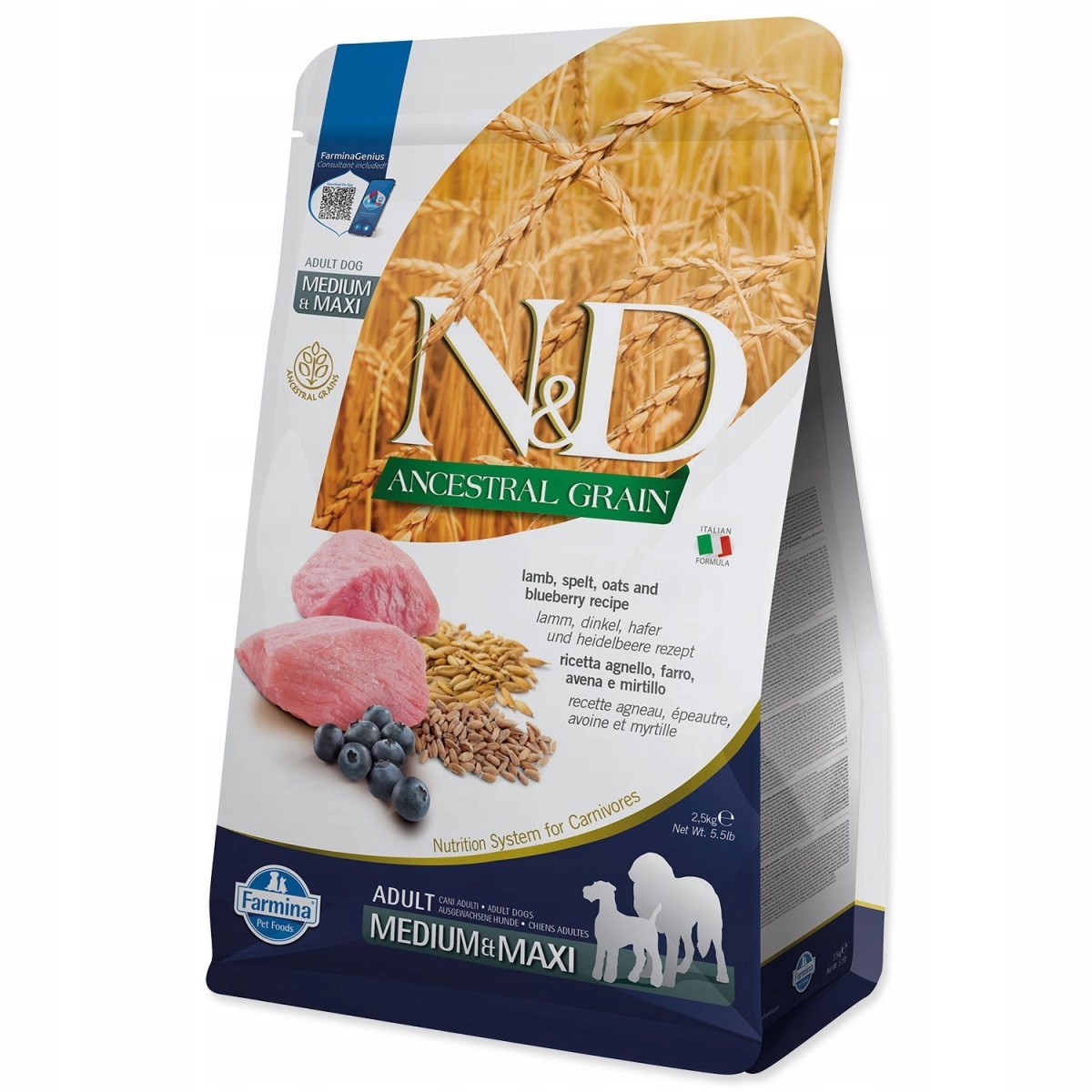 Levně Krmivo N&d Dog Adult Medium & Maxi Ancestral Grain Lamb, Spelt, Oats & Blue