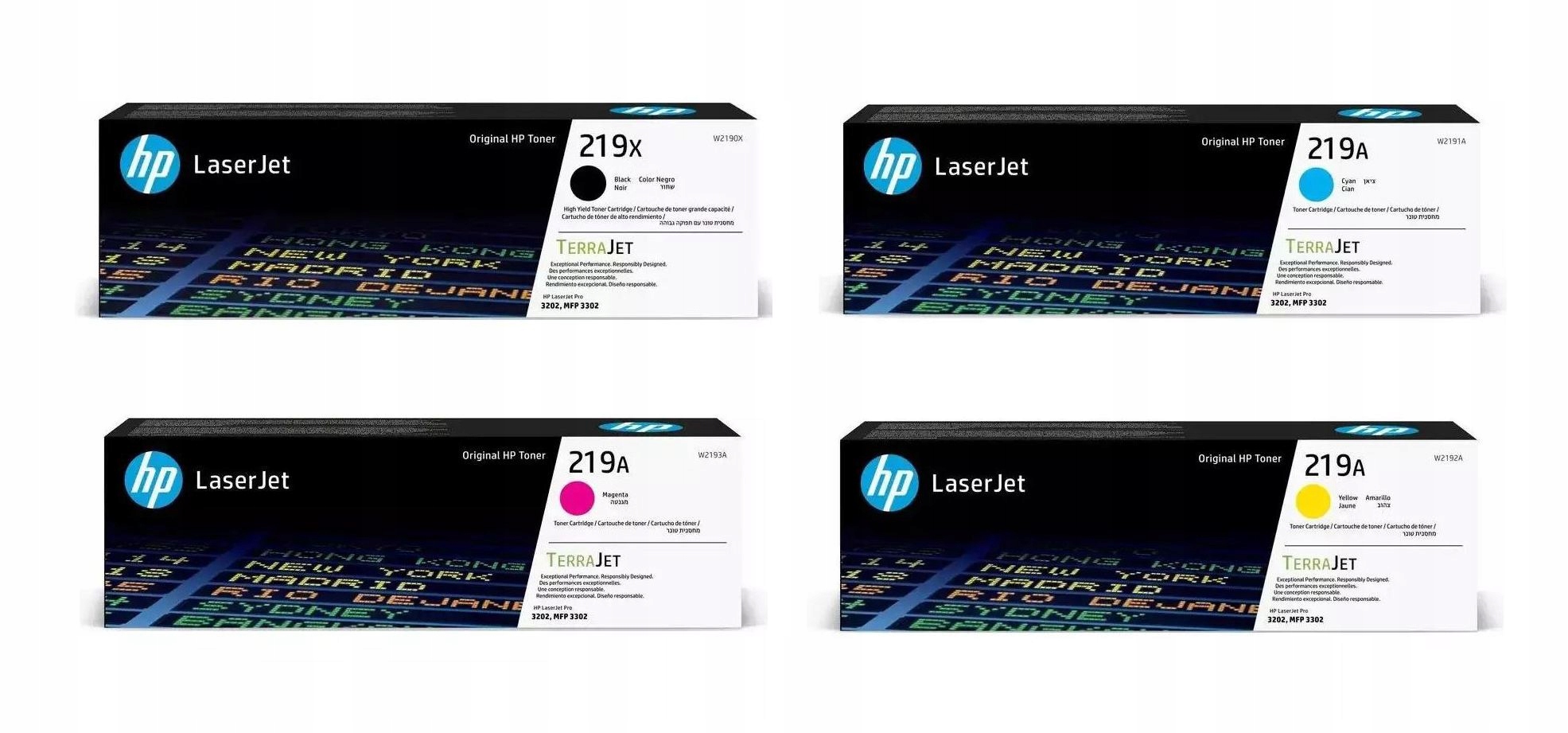 Zestaw 4 tonerów org. Hp 219X Black 219A Cmy 3202dw 3302fdn 3302fdw