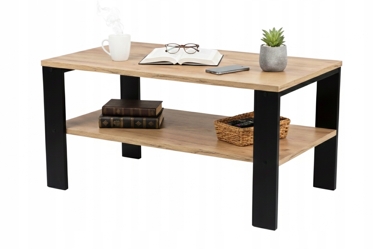 Kávový Stolek Loft Industriální Dub Zlatý Craft Černý Rám 90x52CM Lavička