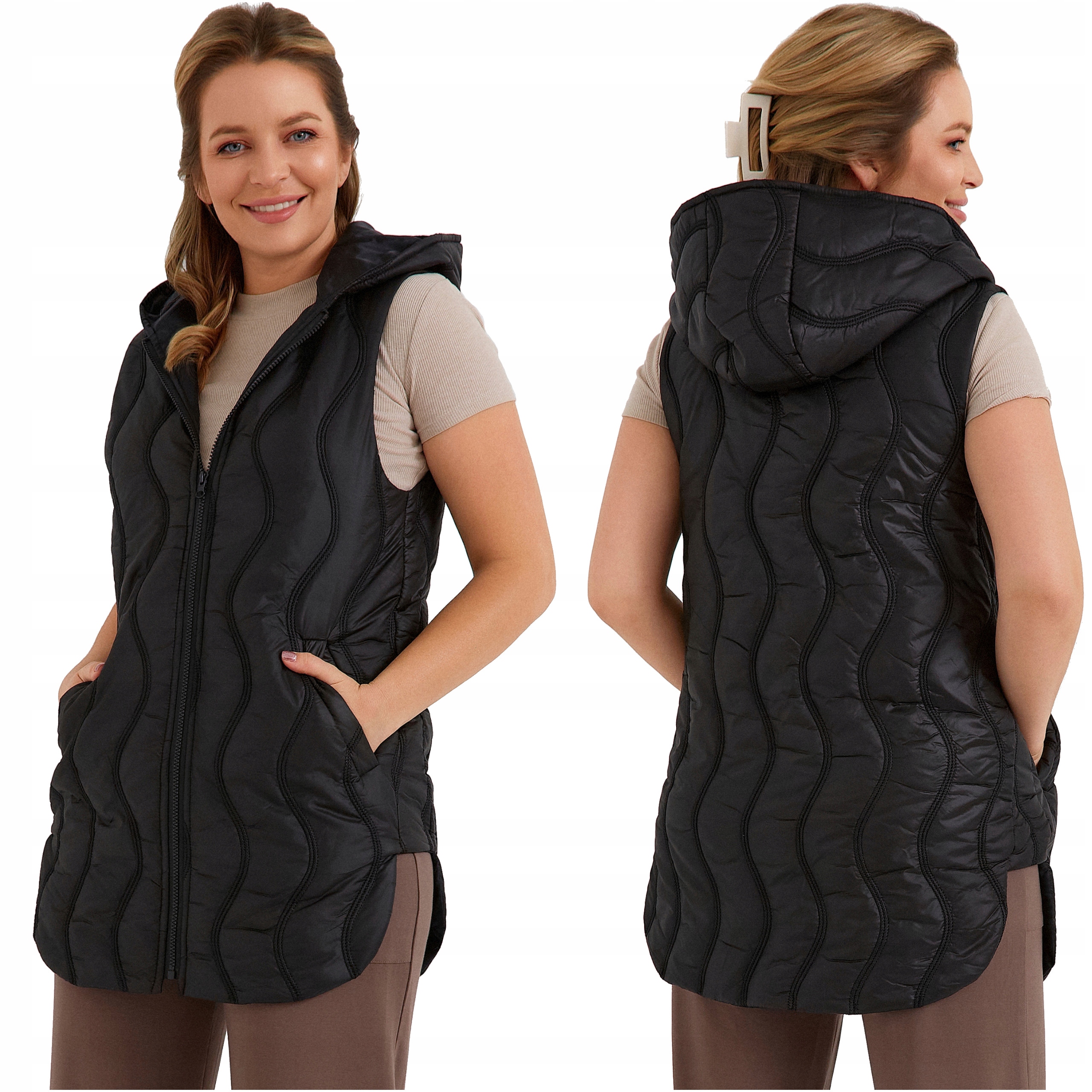 Dámská mikina bez rukávů s kapucí, dlouhá prošívaná vesta Plus Size, černá