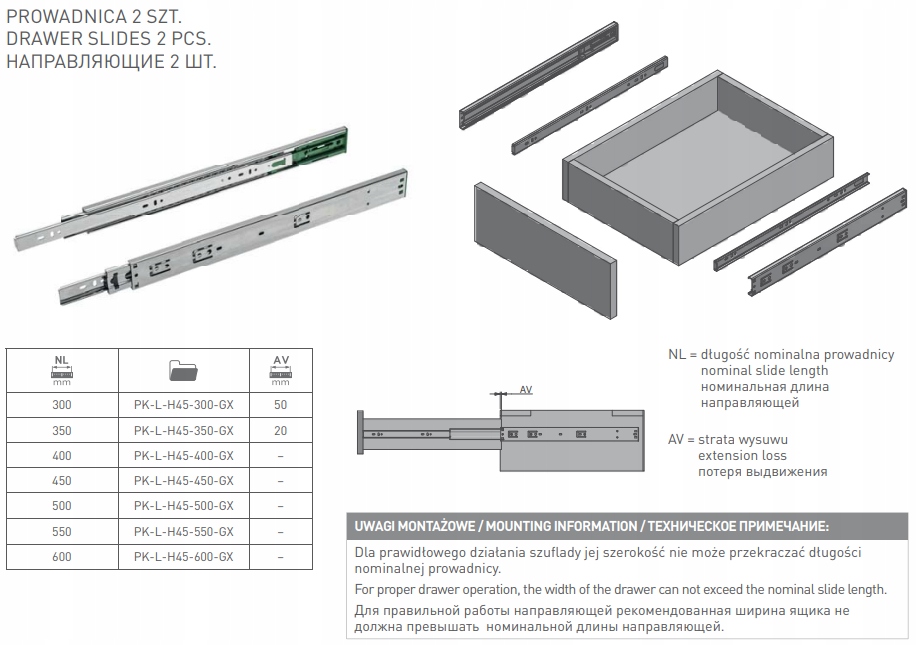 Prowadnica kulkowa Versalite 400 CICHY DOMYK Wysokość 45 mm