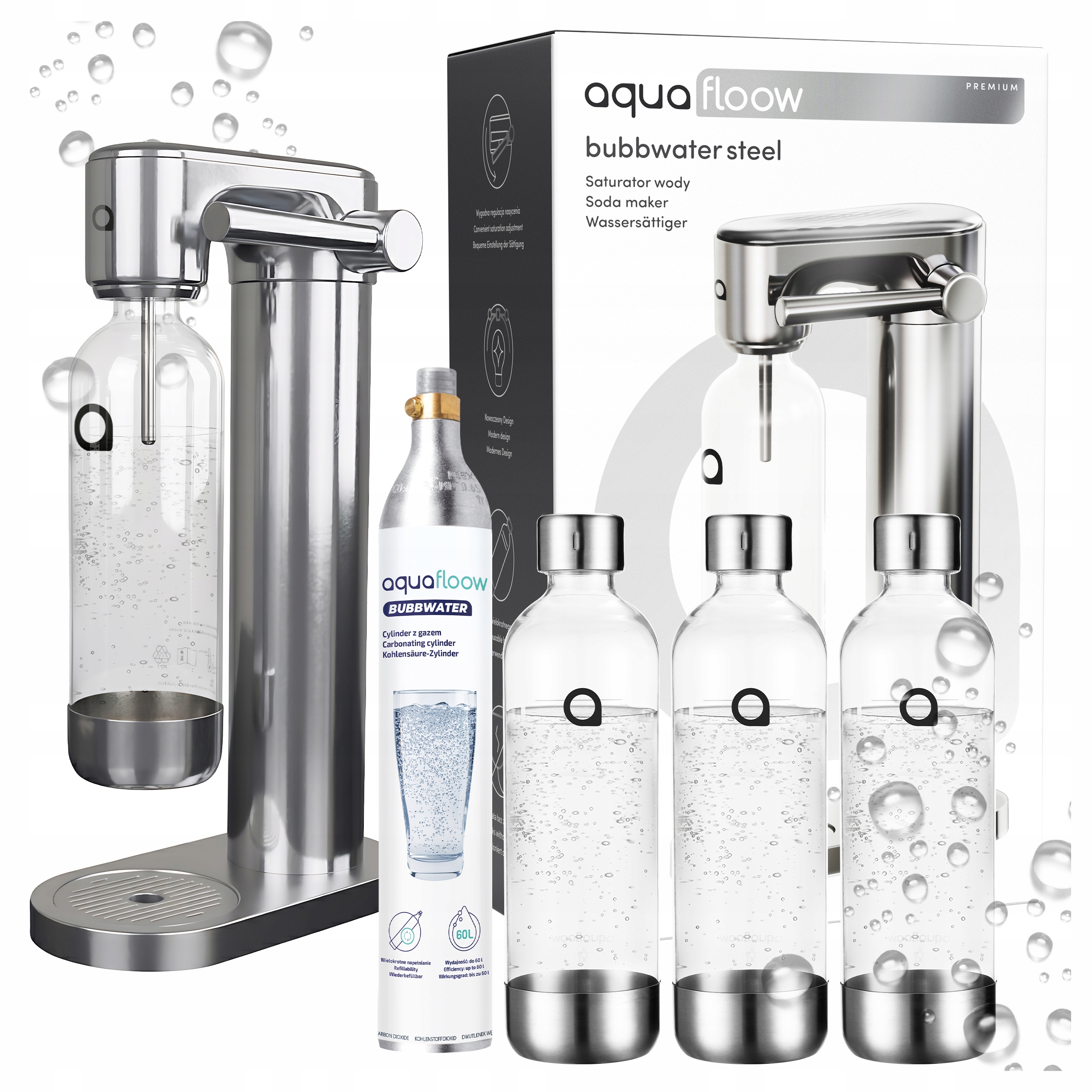 Ocelový Výrobník Sody Aquafloow 3X Plastová Láhev Na Vodu CO2 Náplň